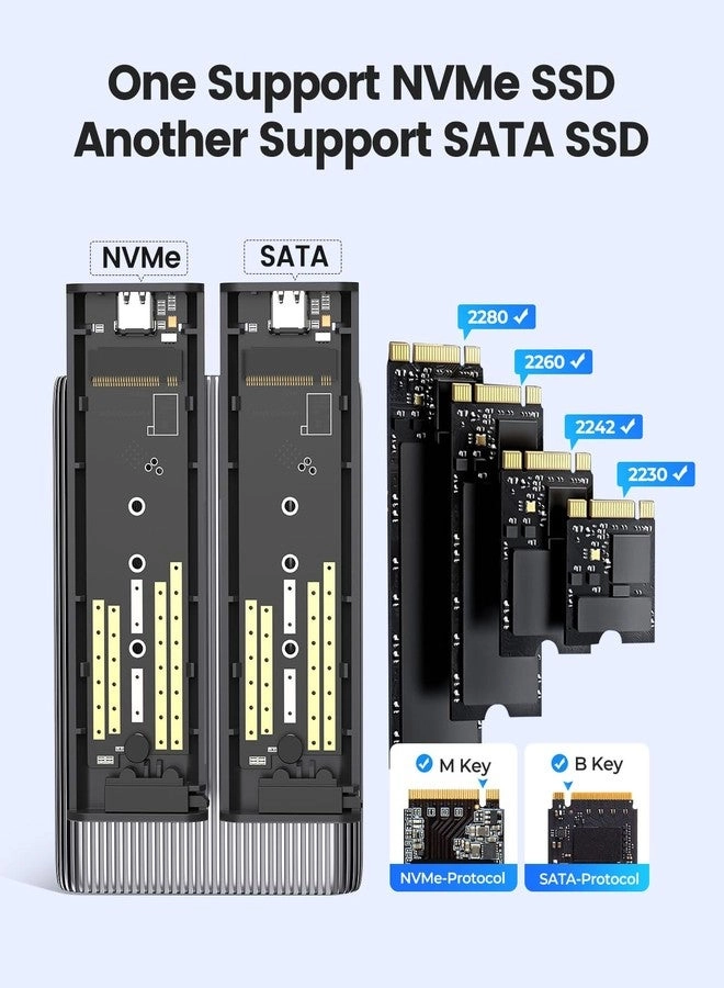 Dual M.2 NVMe with SATA SSD Enclosure - USB C M Key PCIe & B+M Key 2230/2242/2260/2280