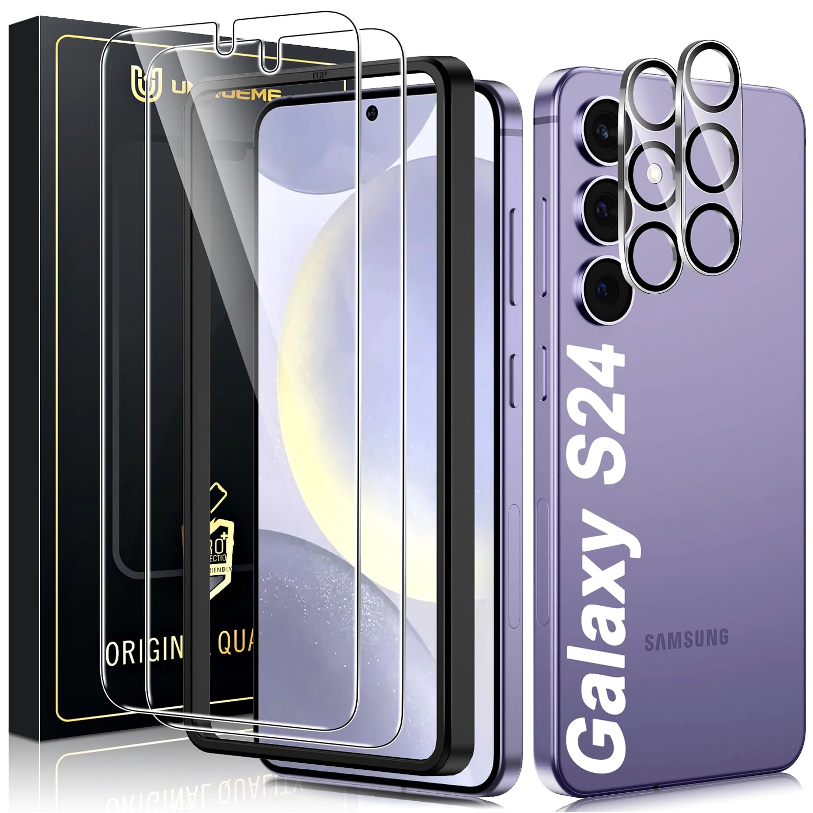 UniqueMe Shatterproof Tempered Glass Screen Protector + Camera Lens Protector for Samsung Galaxy S24 (2-Pack)