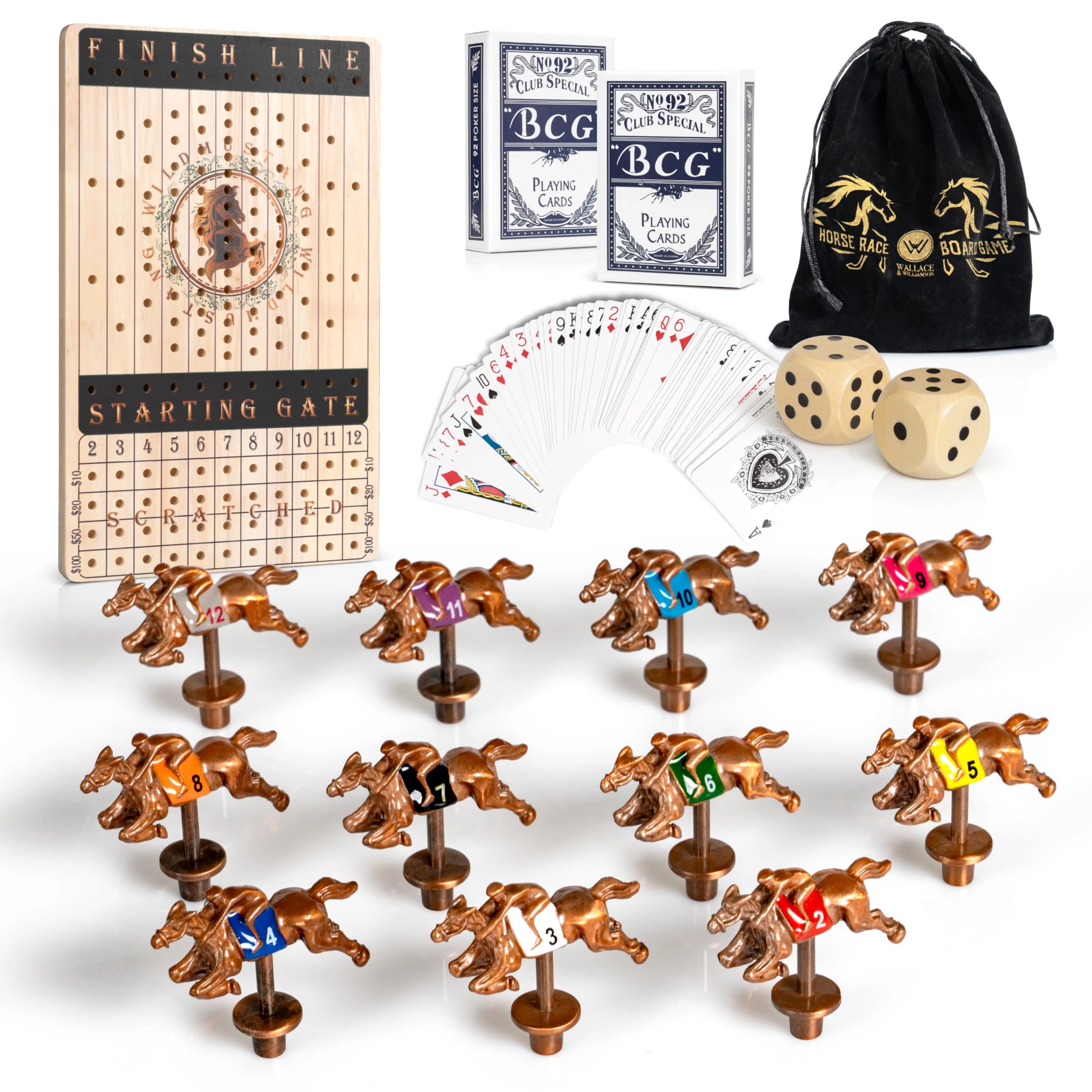 Wallace & Williamson Wooden Horse Racing Game - 11 Metal Horses 2 Dice