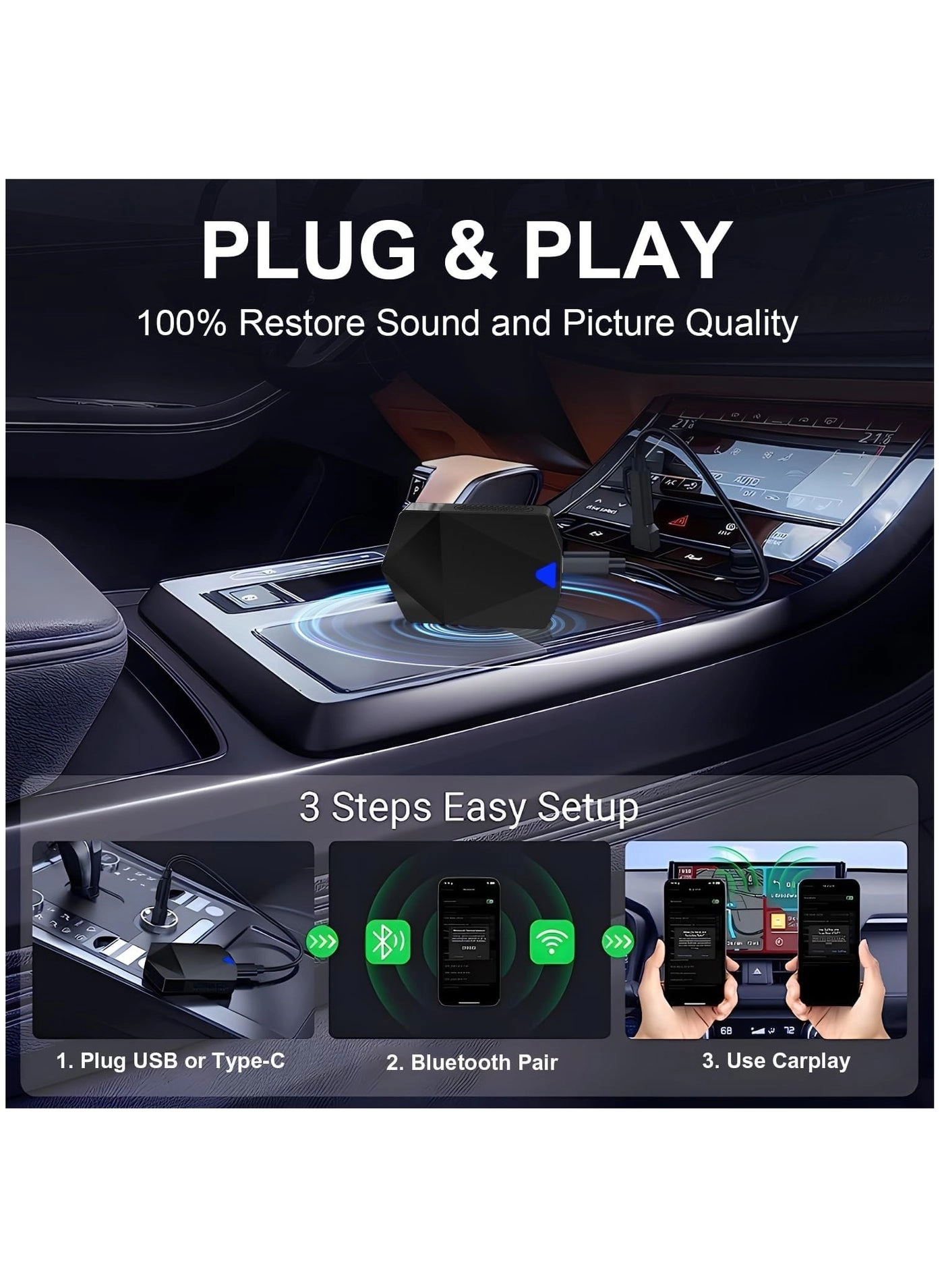 Wireless Carplay Adapter & Android Auto Adapter - 2 in-1 Plug & Play Bluetooth