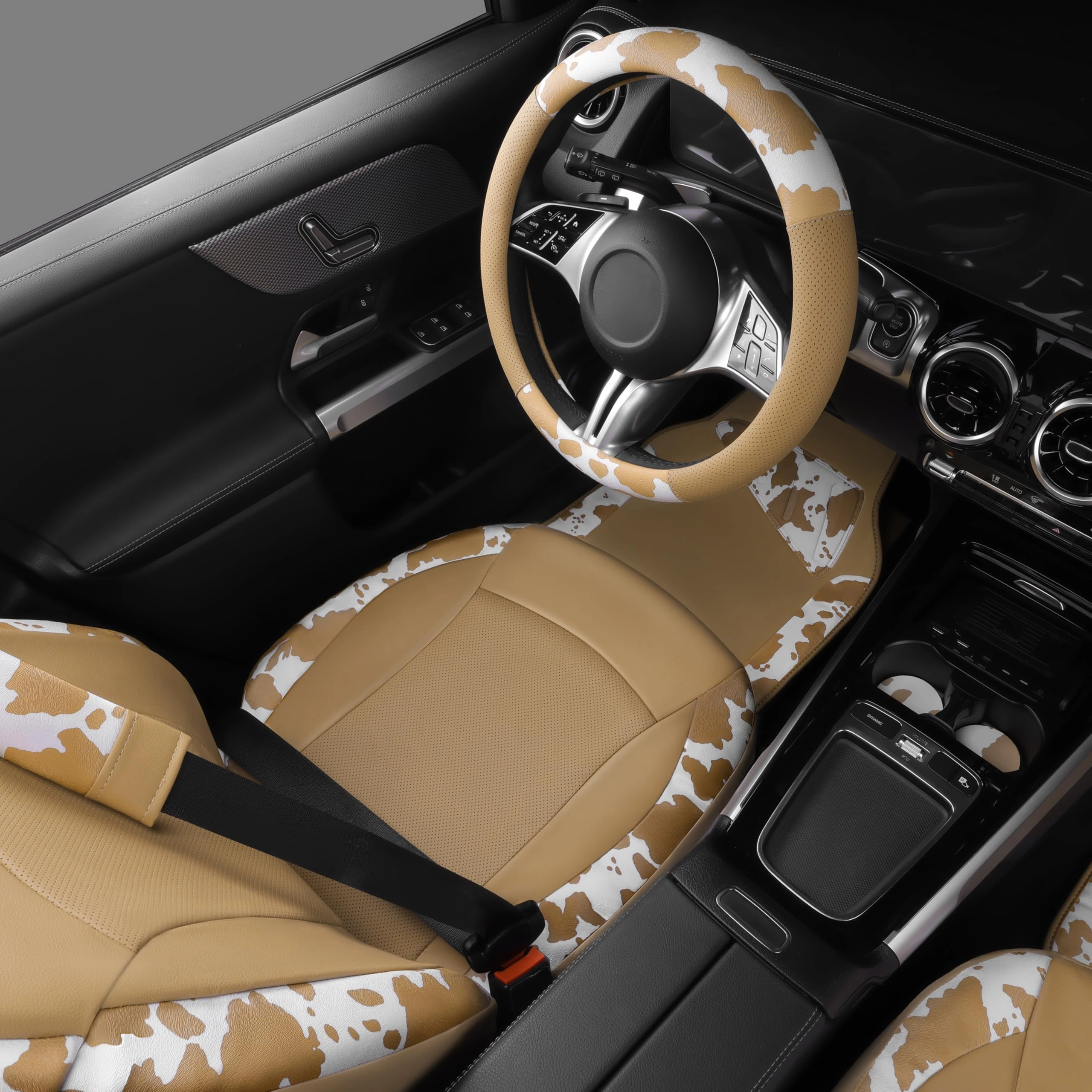 Car Seat Covers - Air Mesh Leather + Car Floor Mats - Waterproof + Steering Wheel Cover - Sporty