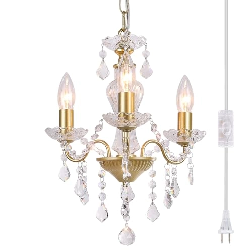 Plug in Modern 3-Light Chandelier - Gold Glass Crystals