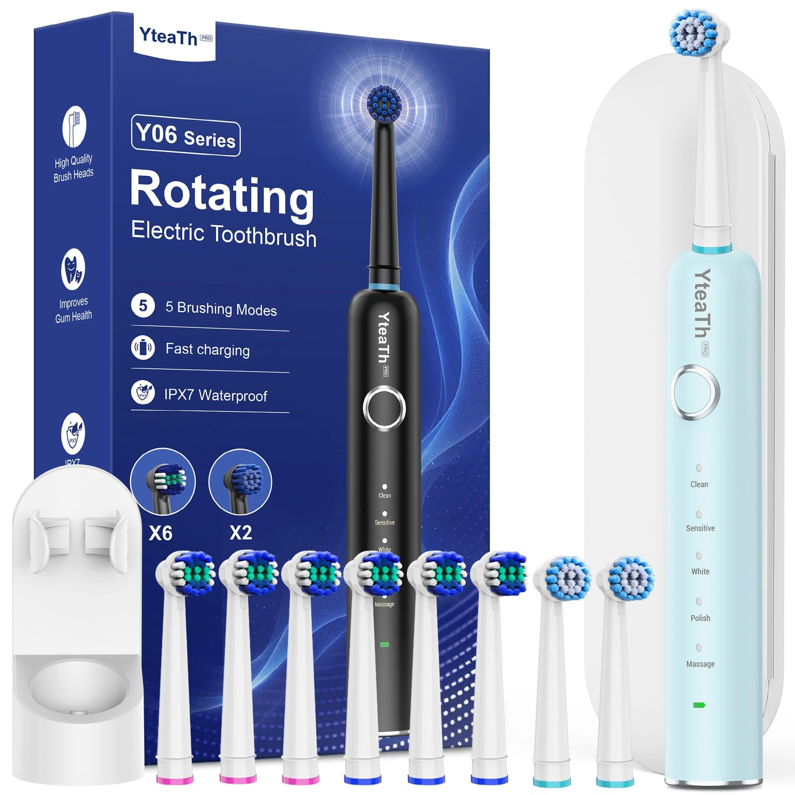 Electric Toothbrush - Rotating 8 Brush Heads Matte Black