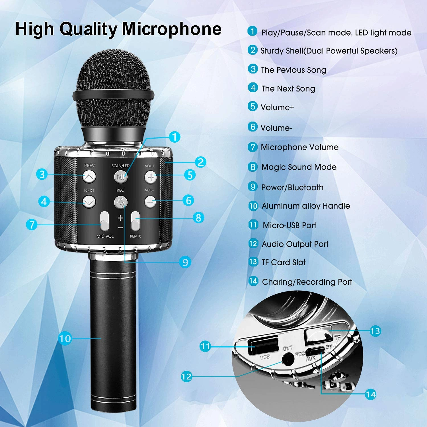 Karaoke Kids Microphone - 5 in 1 Wireless Bluetooth Black