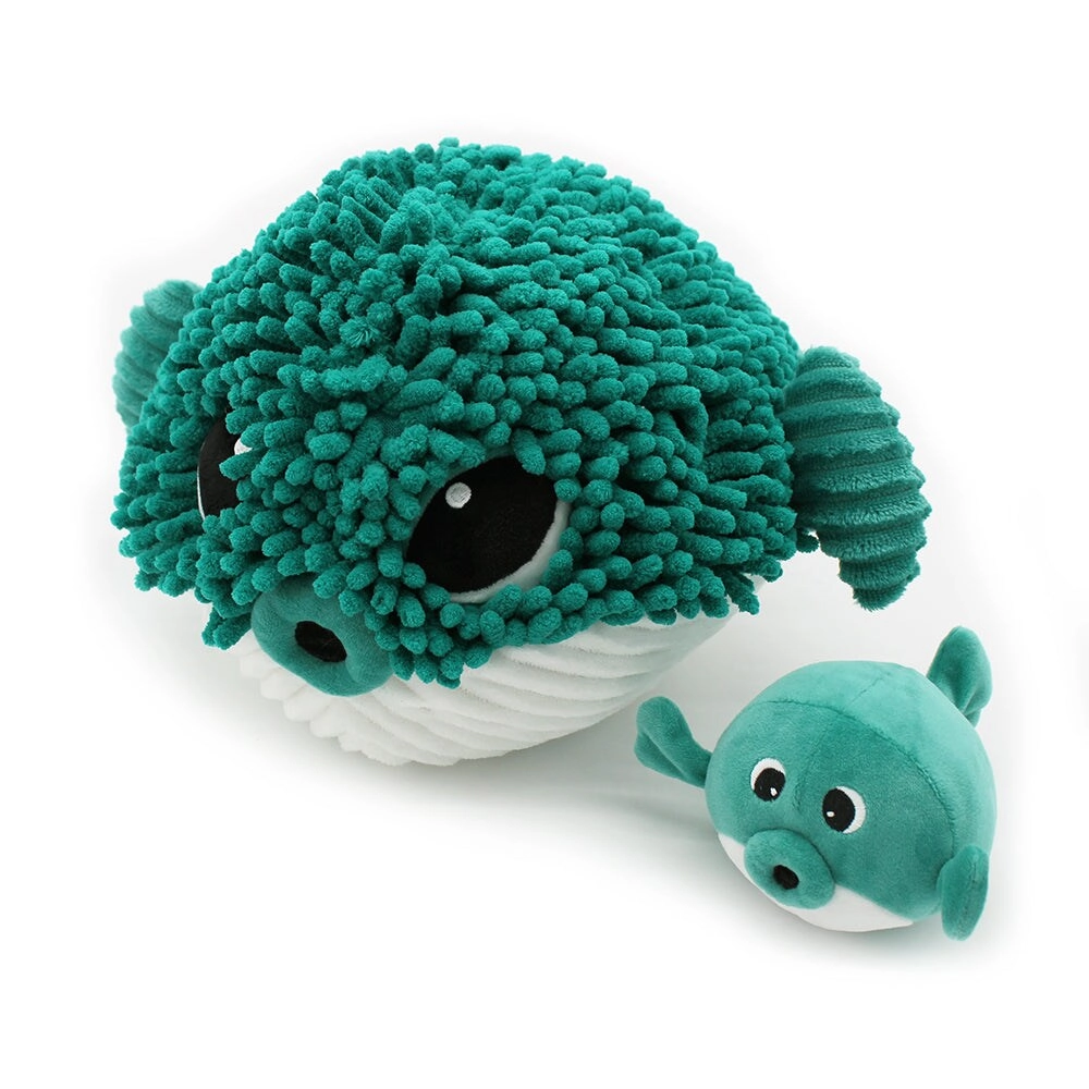 SKME TRADING Gobetou the Blow Fish Mom & Baby 31 cm Plush - Green Corduroy Terry Cloth