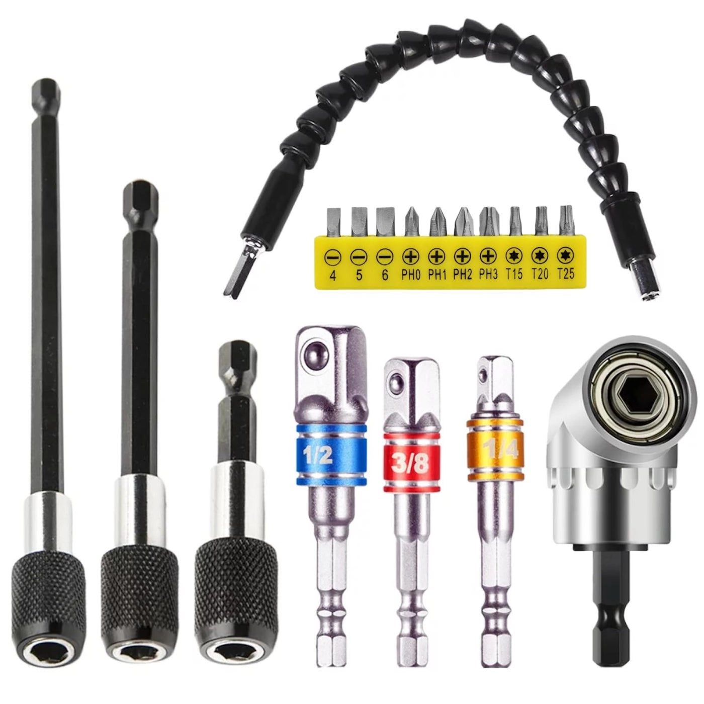 Bahagia Flexible Drill Bit Extension Set - 18pcs Hex Shank 105° Right Angle