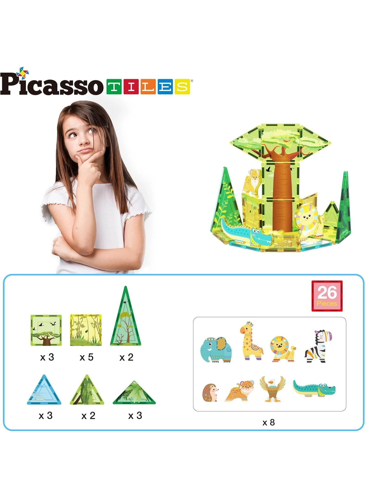 Magnet Tile Building Blocks Safari Themed Playset - 8 Animal Character Action Figures Safari 26 pcs