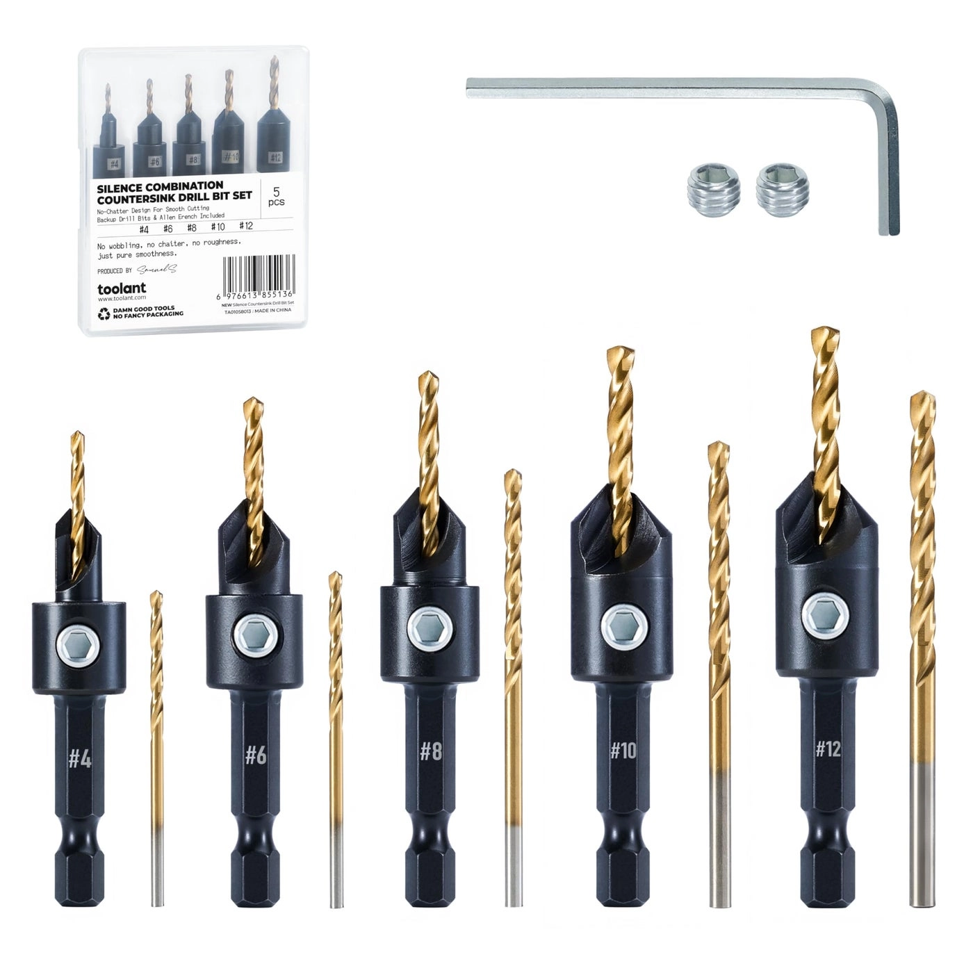 toolant Countersink Drill Bit Set - High-Speed Steel 5Pcs #4, #6, #8, #10, #12