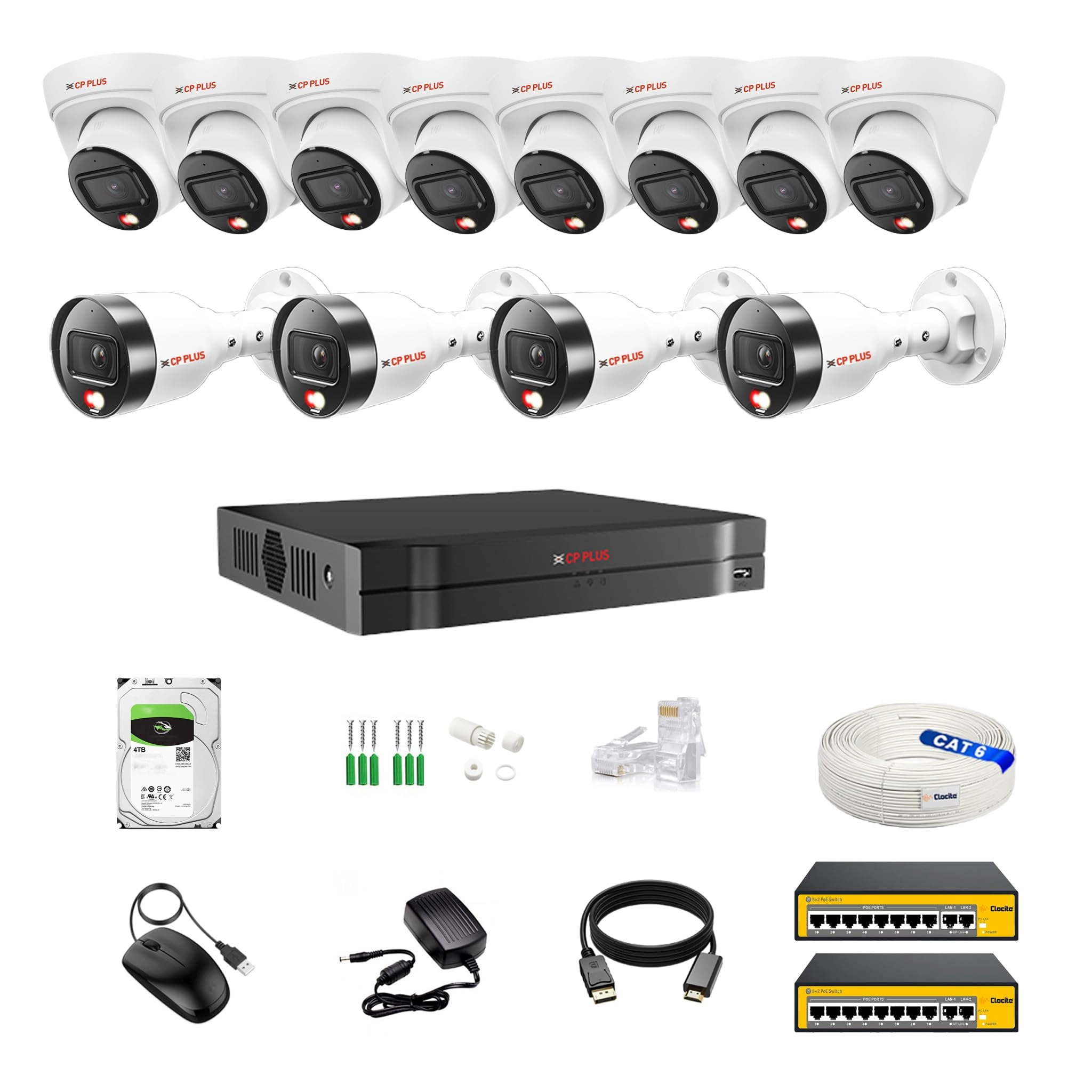 Aditya Infotech Ltd 16CH AI NVR + 4MP Dome IP Camera + 4MP Bullet IP Camera + 4TB Hard Disk + 8+2 POE Switch + CAT6 Cable