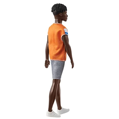 Ken Fashion Doll - Twisted Black Hair Orange Athletic Jersey Ages 3+