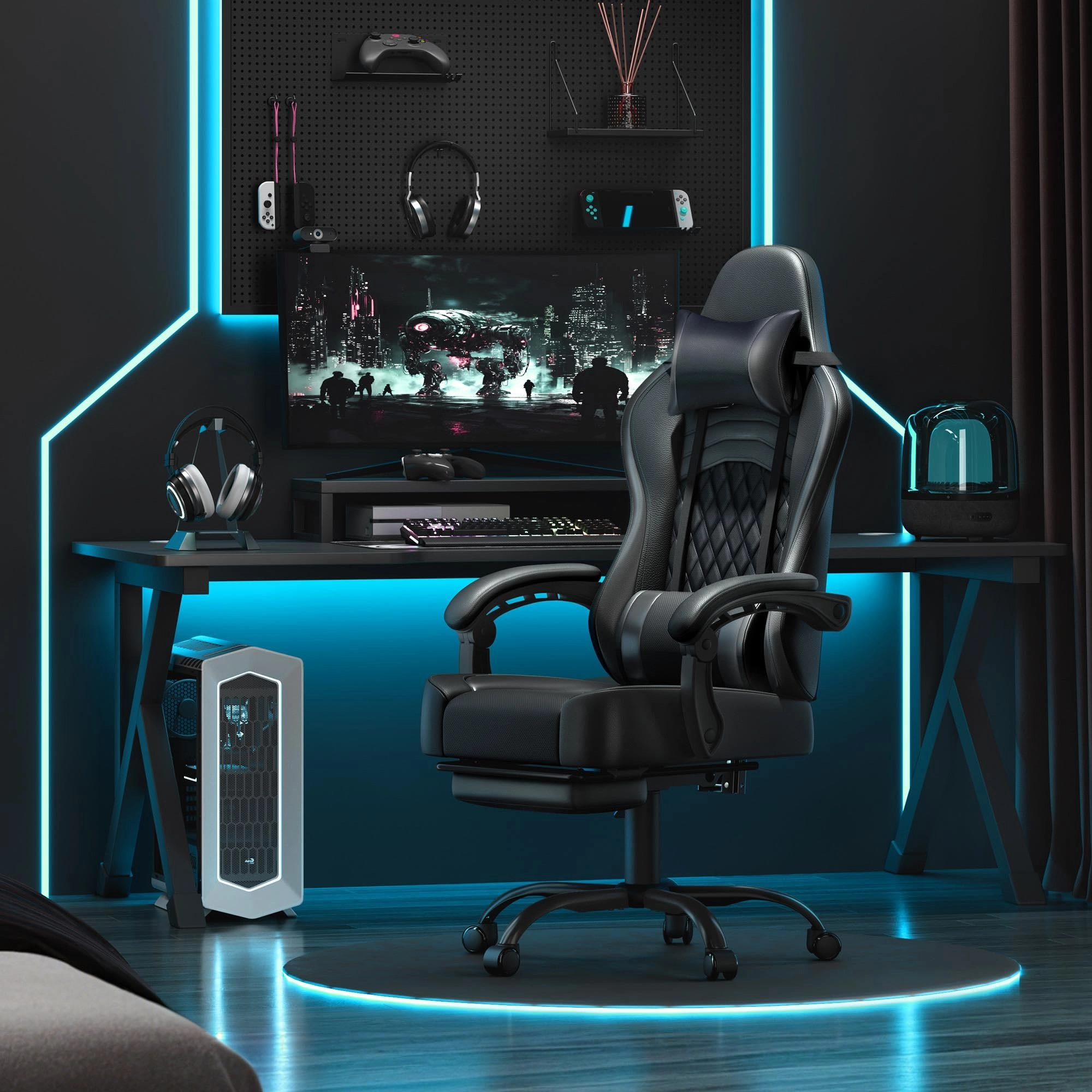 Gaming Chair - Black/Blue Massage Lumbar Pillow