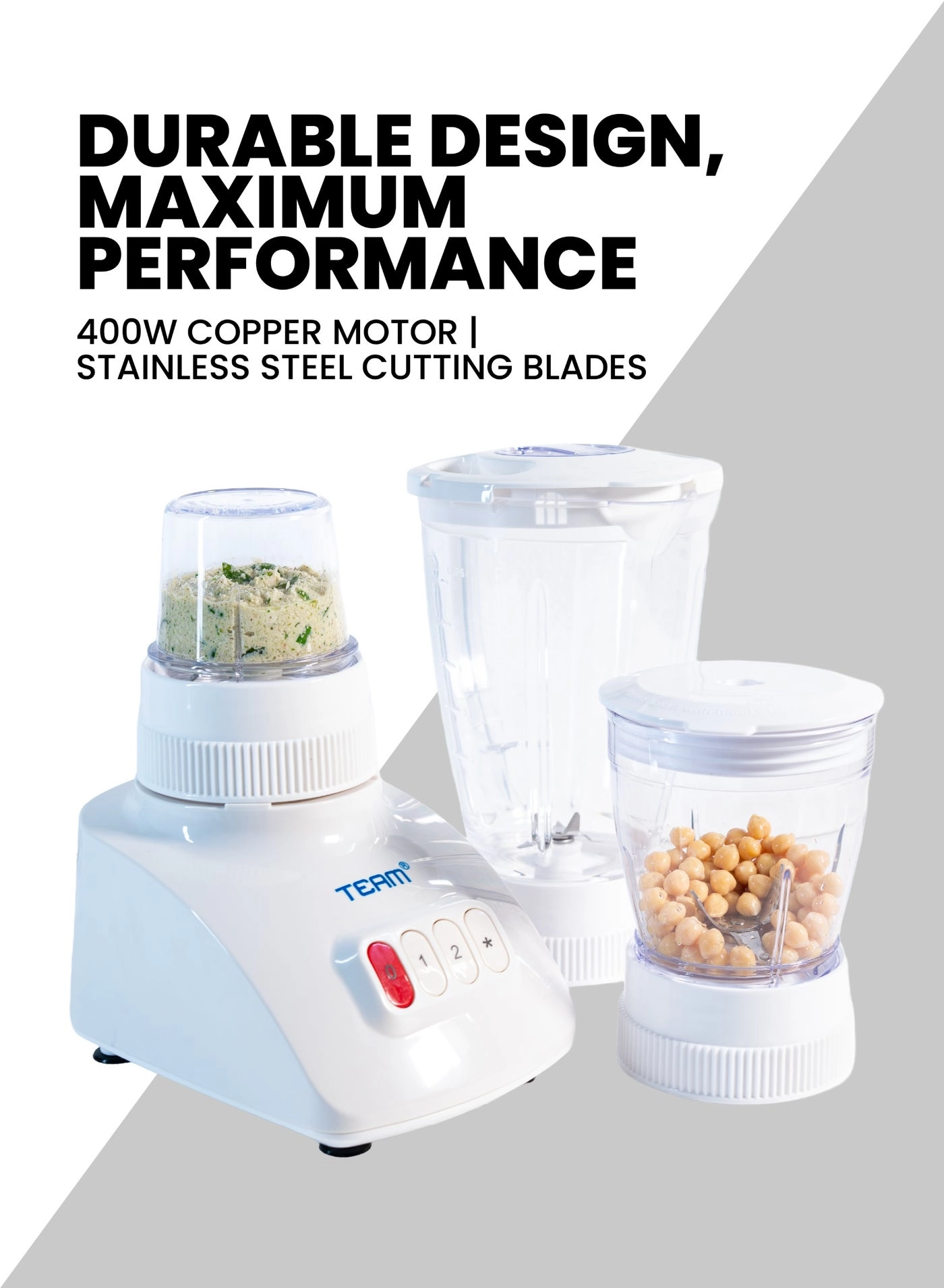 3-in-1 Blender - Grinder and Chopper, Stainless Steel Blades, 2 Speeds + Pulse