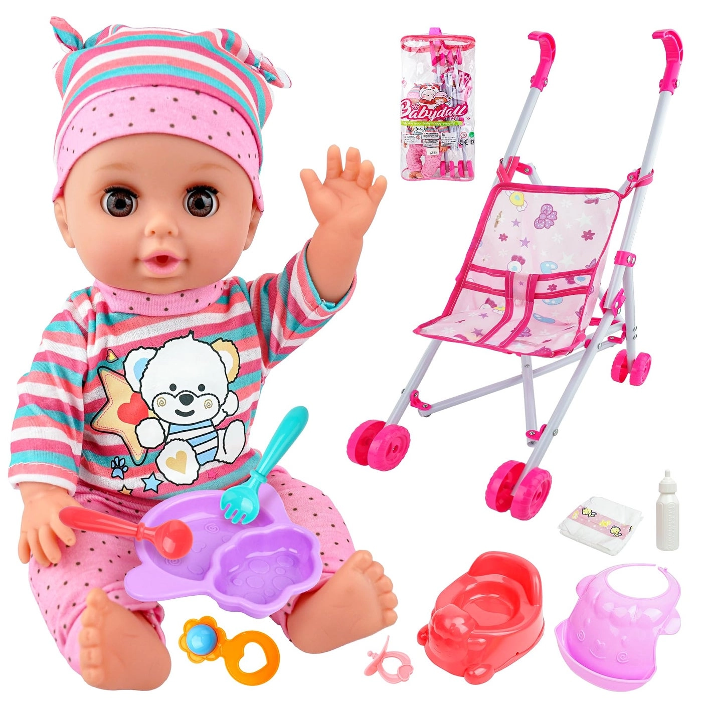 Baby Doll - 14Inch Soft Body + Stroller - Metal Foldable