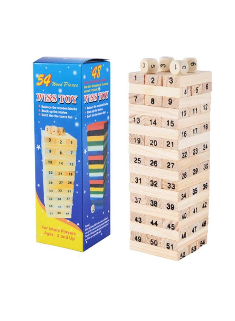 BJM Wooden Tower Building Block - 54pcs + Dice Stacker - 4pcs