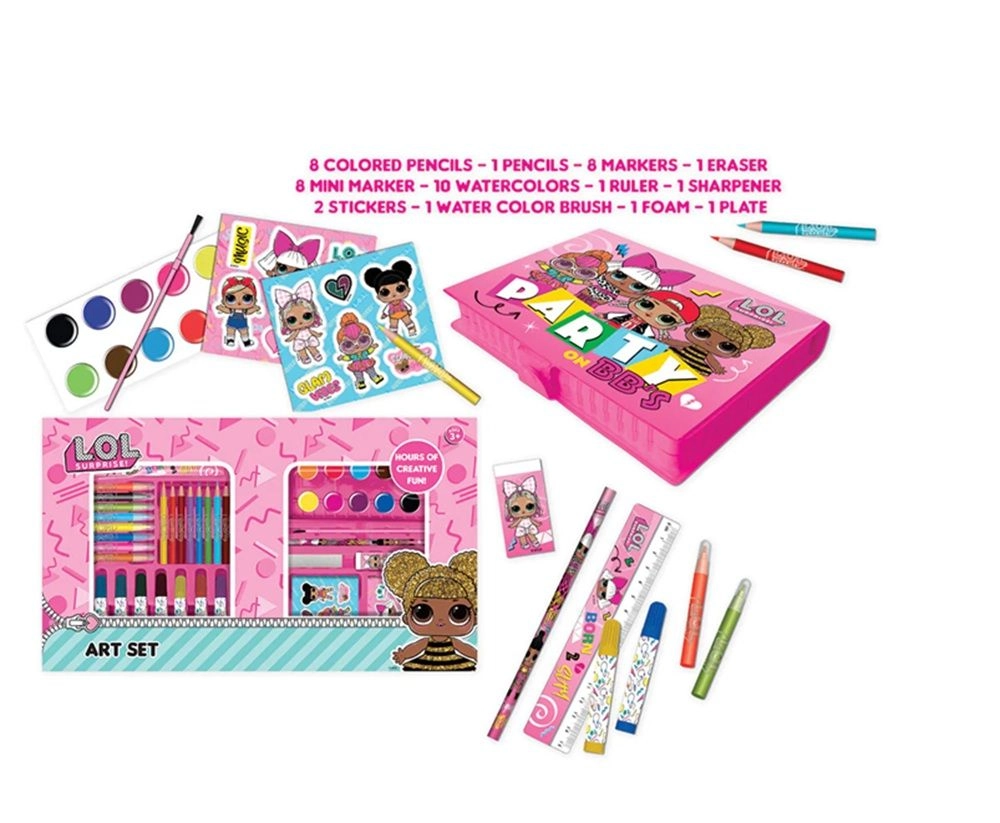 MGA Entertainment Art Set - 8 colored pencils 1 pencil 8 markers 1 eraser 8 mini markers 10 watercolors 1 ruler 1 sharpener 2 stickers 1 watercolor brush