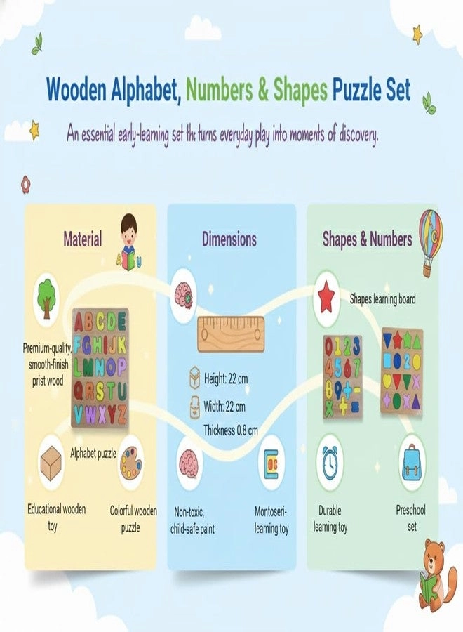 Wooden Alphabet, Numbers & Shapes Puzzle Set - Age 2-6 Years