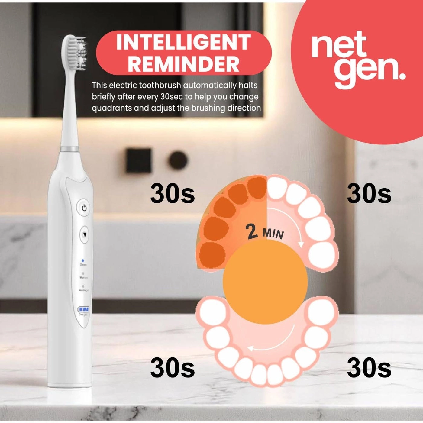 Sonic Toothbrush - 3 Brushing Modes 5 Replacement Heads Inductive Charging