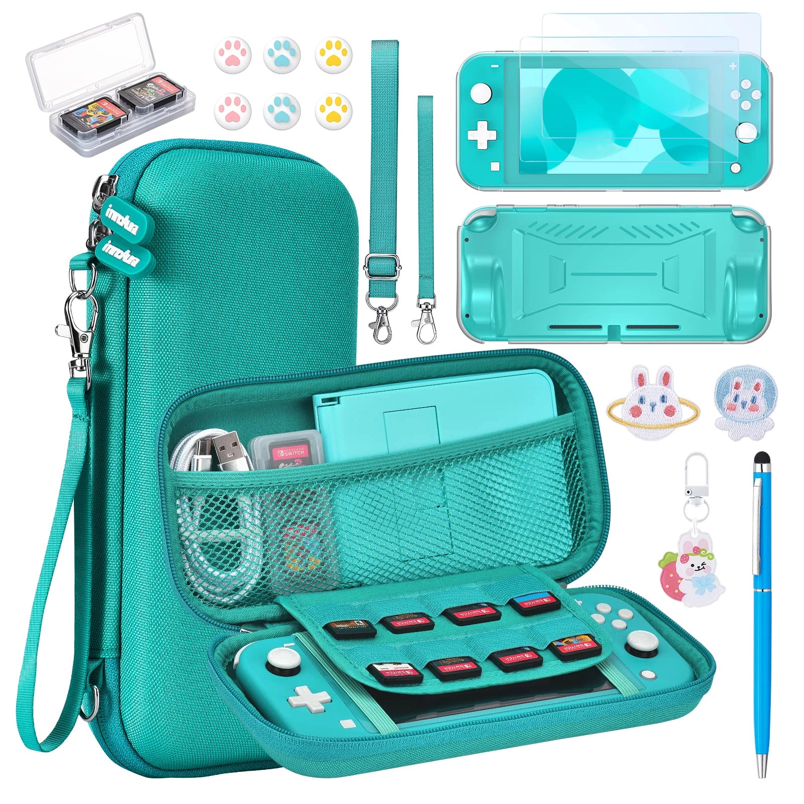 innoAura Switch Lite Carrying Case - Turquoise + Switch Game Case + Switch Lite Screen Protector + Switch Stand + Switch Thumb Grips