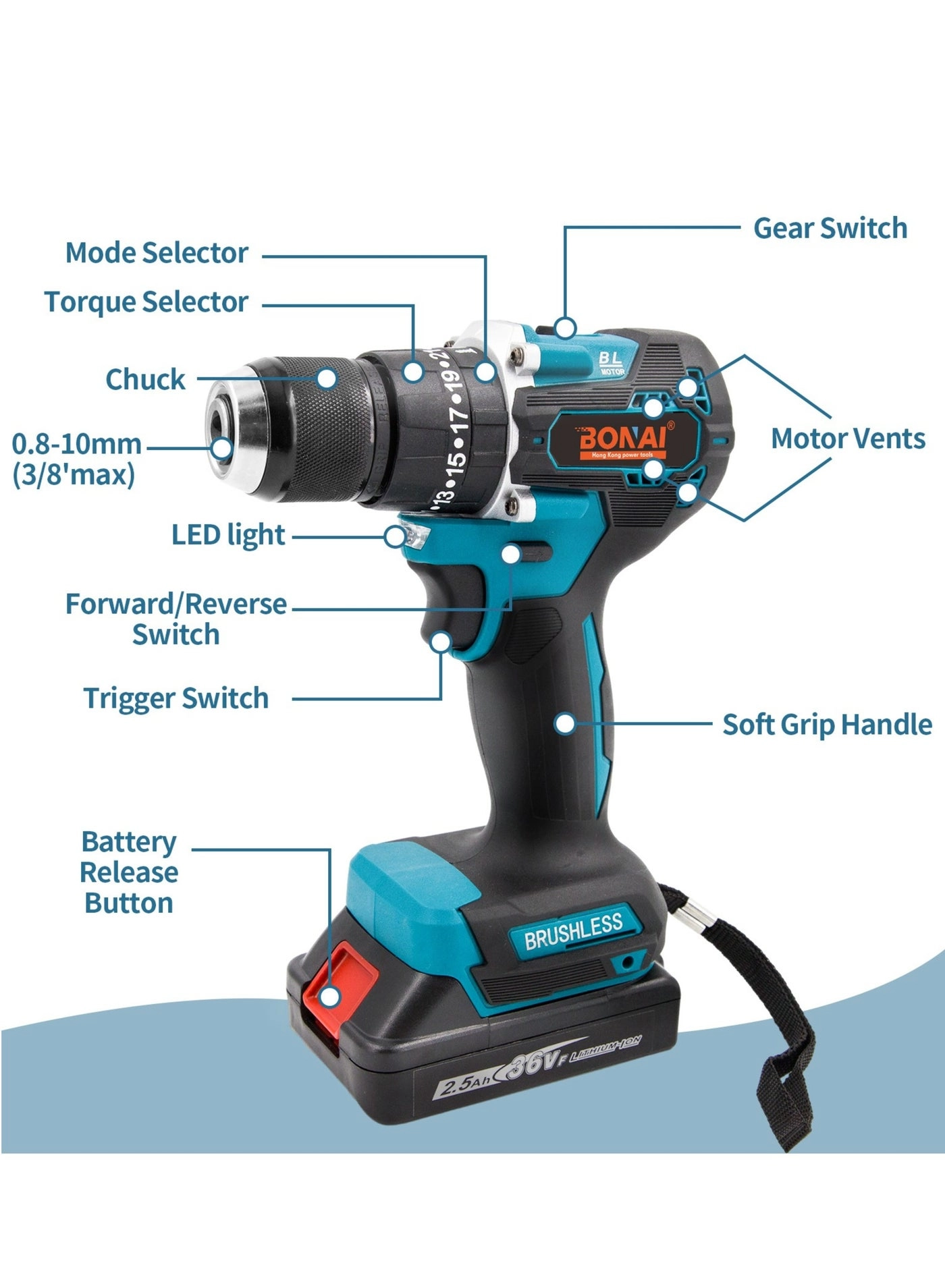 88V Brushless Cordless Electric Drill Set - 100 Newton Meters 2500 RPM