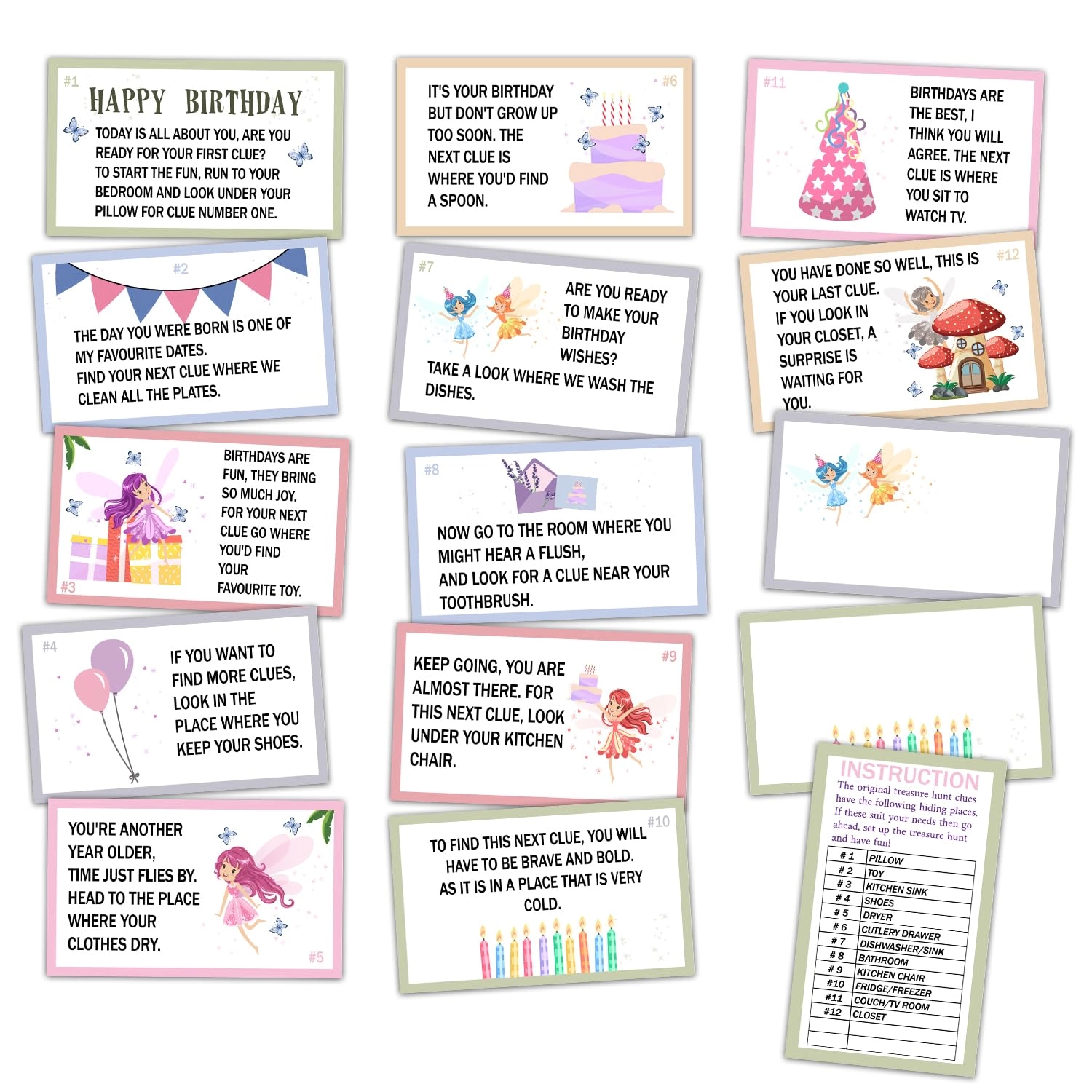 ltazhyi Birthday Treasure Hunt Clue Cards - 15 piece