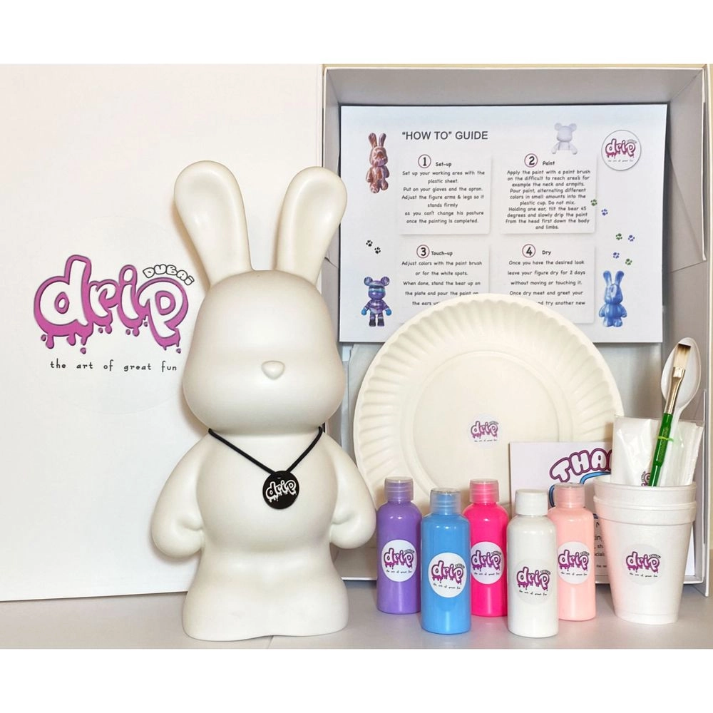 DIY Bunny Fluid Acrylic Pouring Paint Kit - 5 acrylic paints 2 oz/60 ml each; apron; clear cups; plate; gloves; paintbrush; pipette; spoon; table sheet