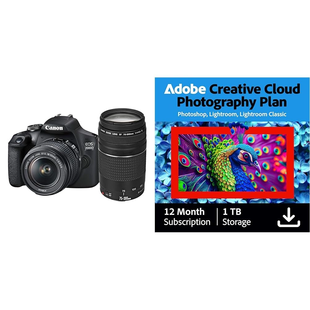 Canon EOS 2000D + EF-S 18-55mm IS + EF 75-300mm + Creative Cloud Pro Photography Plan 1TB