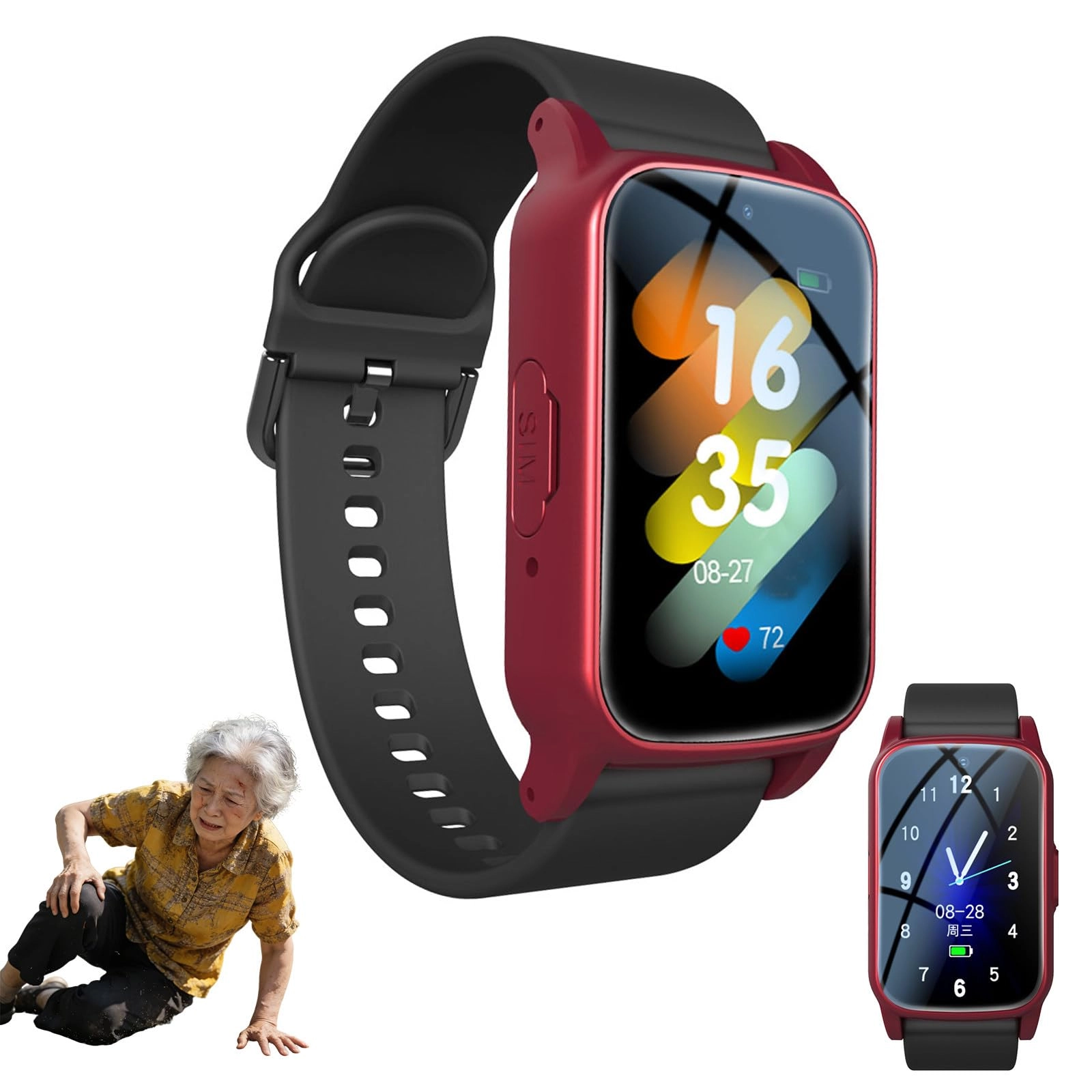 BuilfutenM Fall Detection Watch for Elderly - Red Waterproof 7-10 days standby