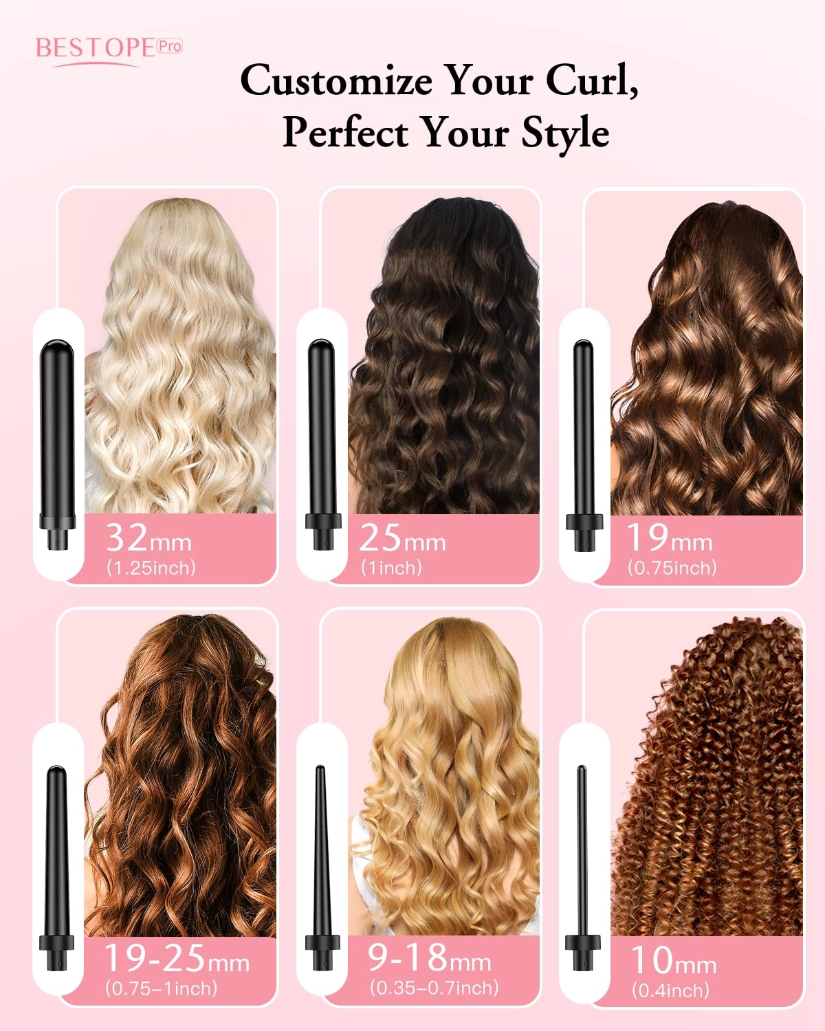 6 in 1 Curling Wand Set - 25mm 19-25mm 32mm 10mm 19mm 9-18mm