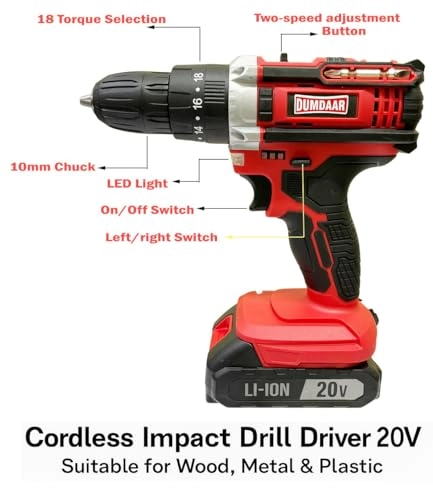 Dumdaar Cordless Impact Drill Driver - 20V 1500RPM Kit