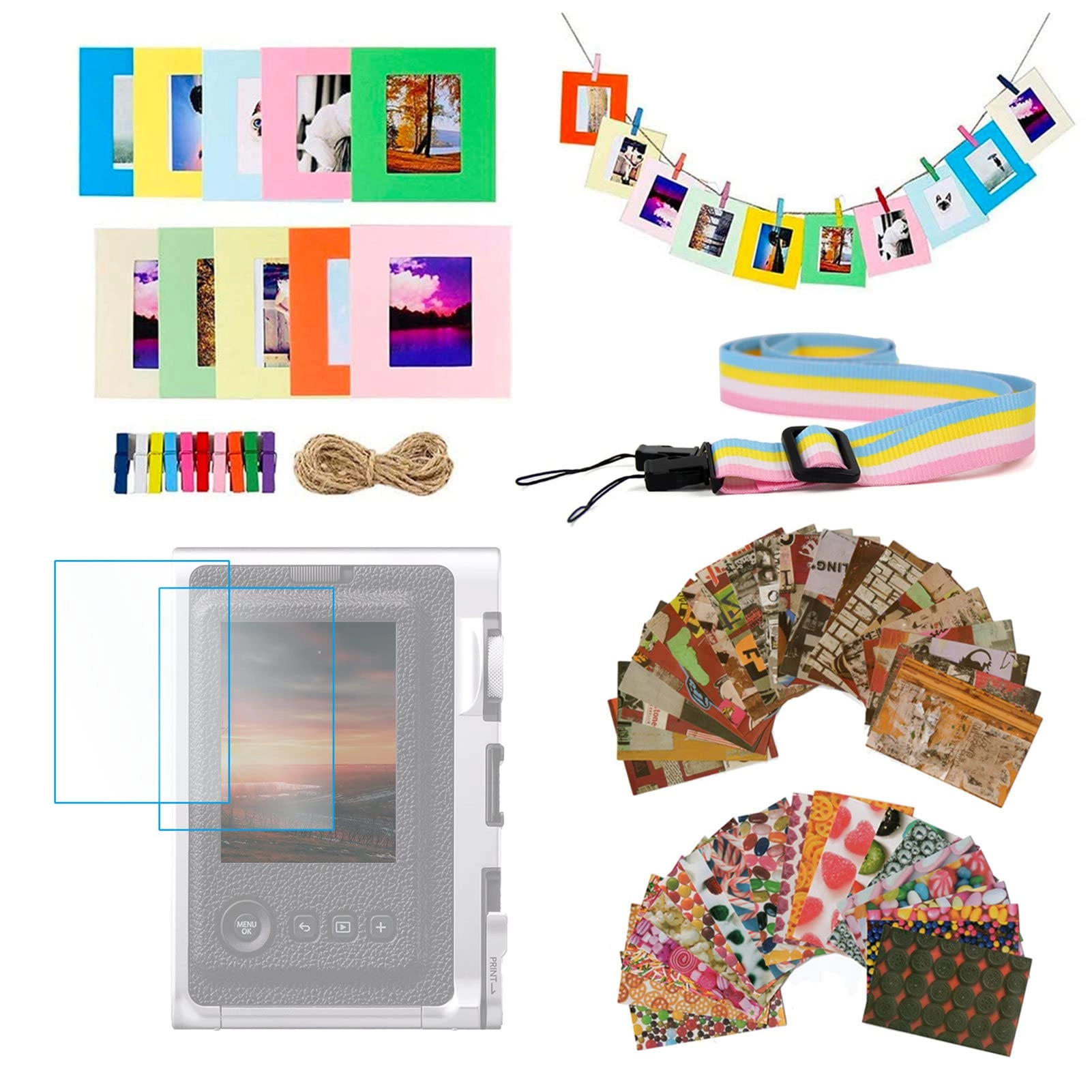 Ngaantyun Adjustable Shoulder Strap + Screen Protector Film + Wall Hanging Picture Frame + Wooden Clips + Films Sticker Border