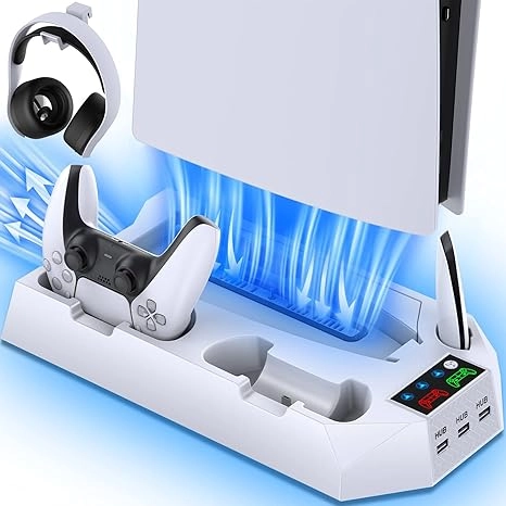 Najm Trading PS5 Stand - for Playstation 5 Console Not Fit 2023 PS5 Slim Disc&Digital + Cooling Station + Dual Controller Charging Station + Controller Charger + Cooling fan + Headset holder