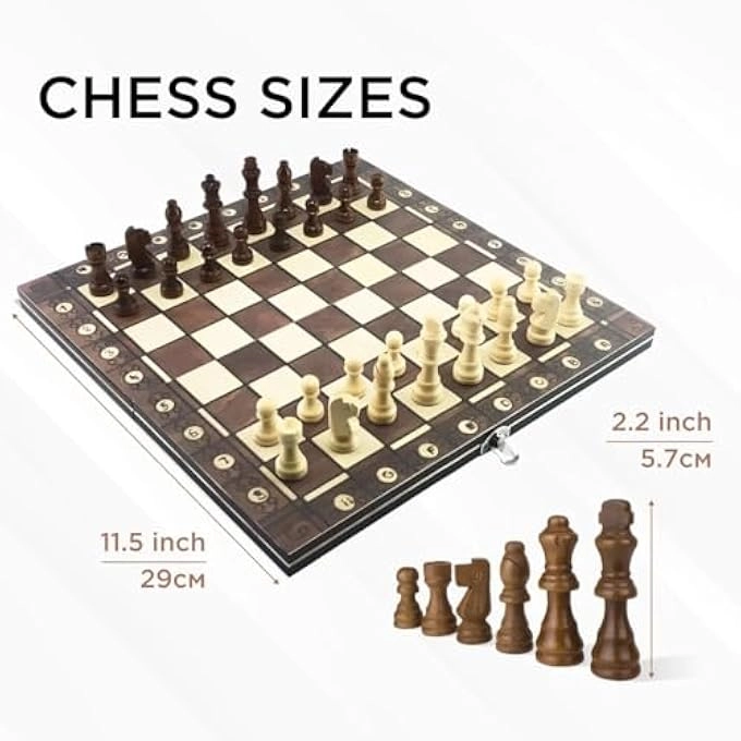 MAGNETIC CHESS, CHECKERS AND BACKGAMMON 3-IN-1 SET - WOODEN PORTABLE FOLDABLE