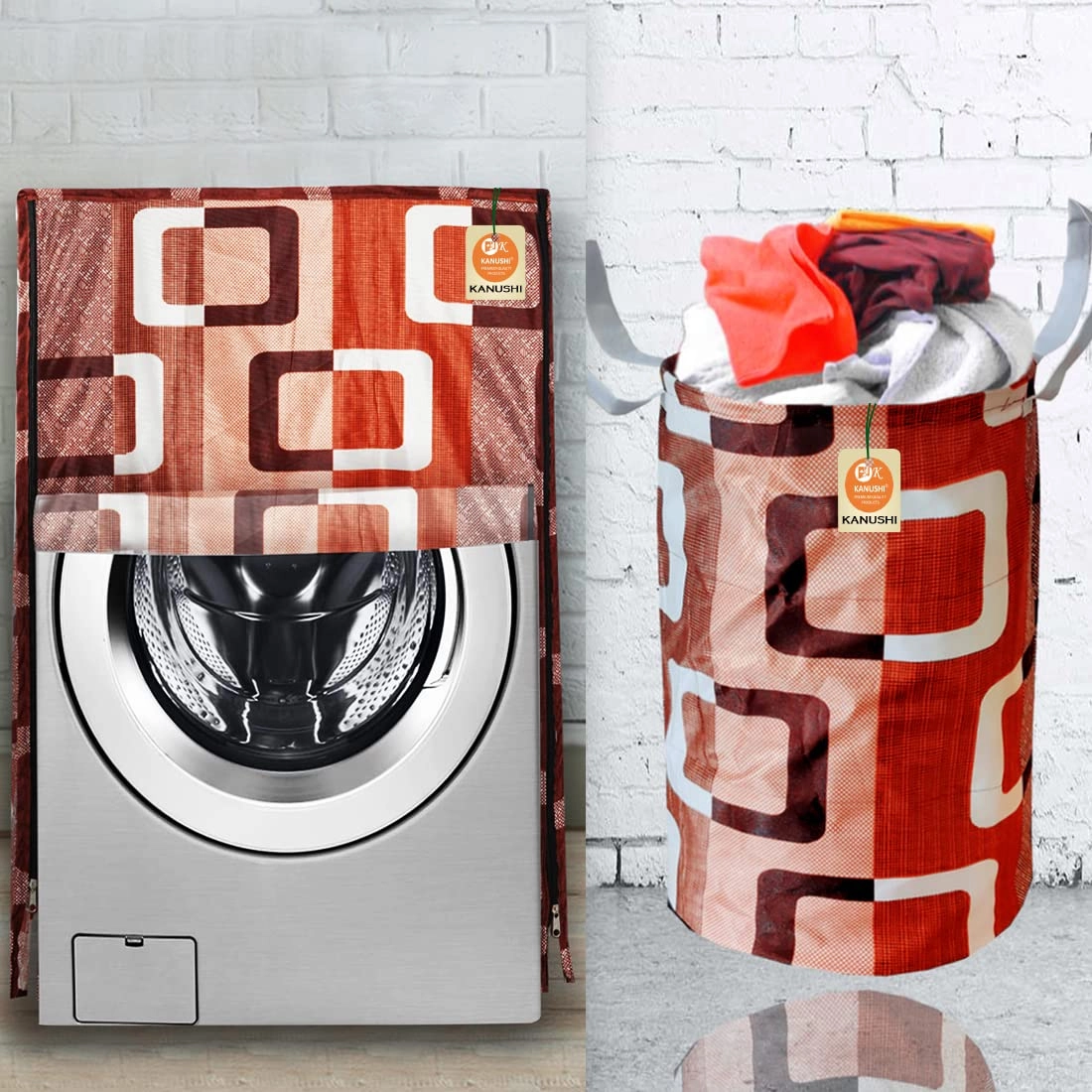 Washing Machine Cover - Washable Dustproof 23 X 23 X 33 inches + Designer Laundry Bag - Brown Floral