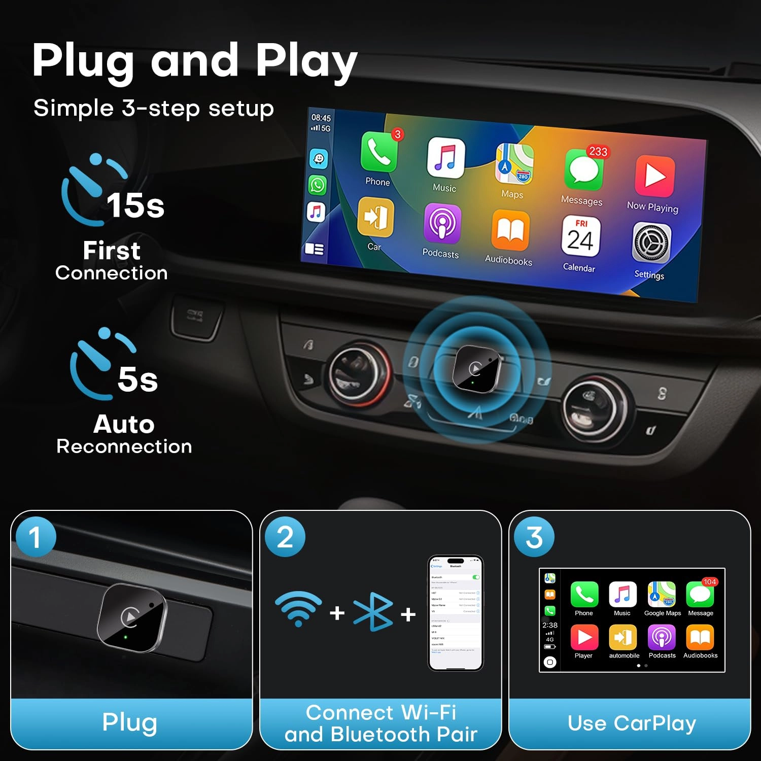 Wireless CarPlay & Android Auto Adapter - 2-in-1 Plug & Play Dual-Band