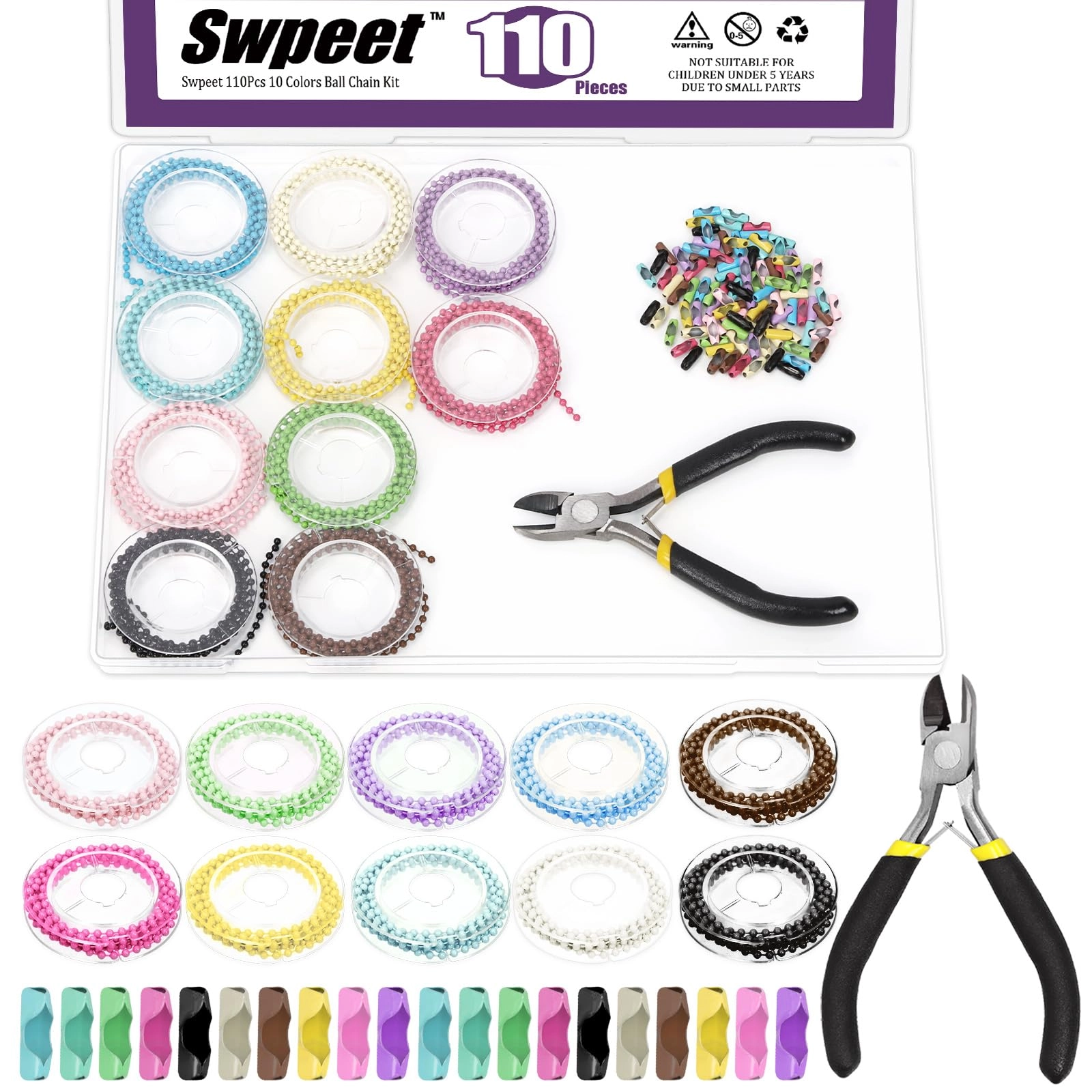 Swpeet Colored Bead Chains - 10 Colors 1m/3.28ft 2.4mm