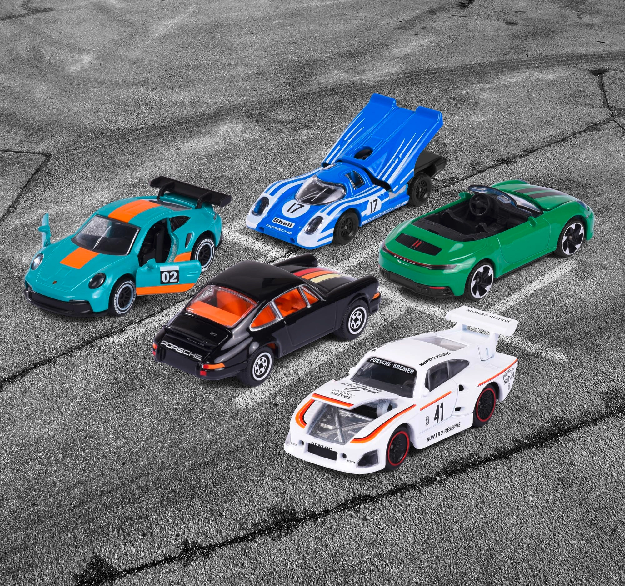 Porsche 917 + Porsche 911 Carrera RS 2.7 + Porsche 911 Carrera S Cabriolet + Porsche 935 K3 + Porsche 911 GT3 Cup (992) - 1:64 5pcs