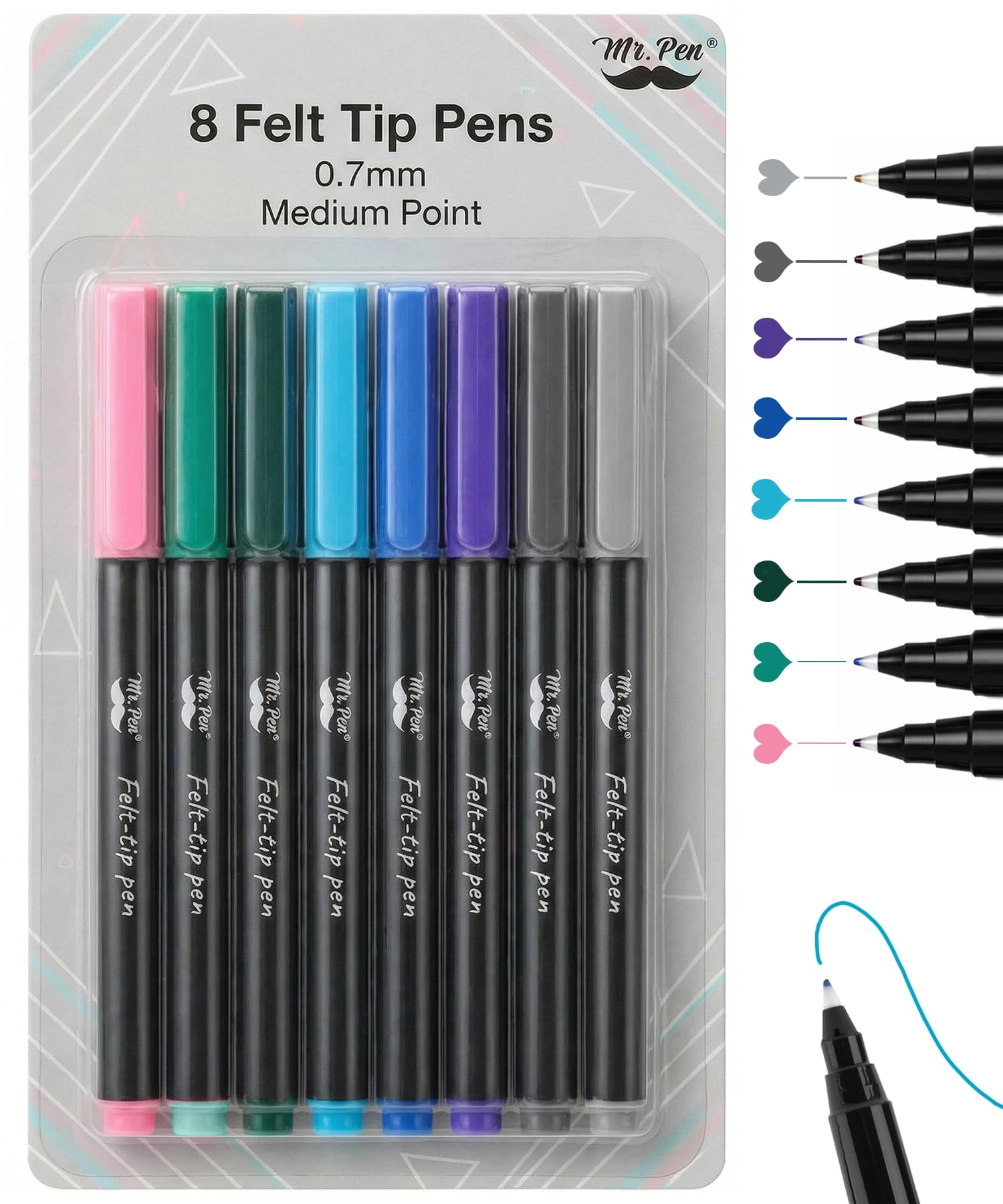 Felt Tip Pens - 8 Pack Multicolor 0.7mm