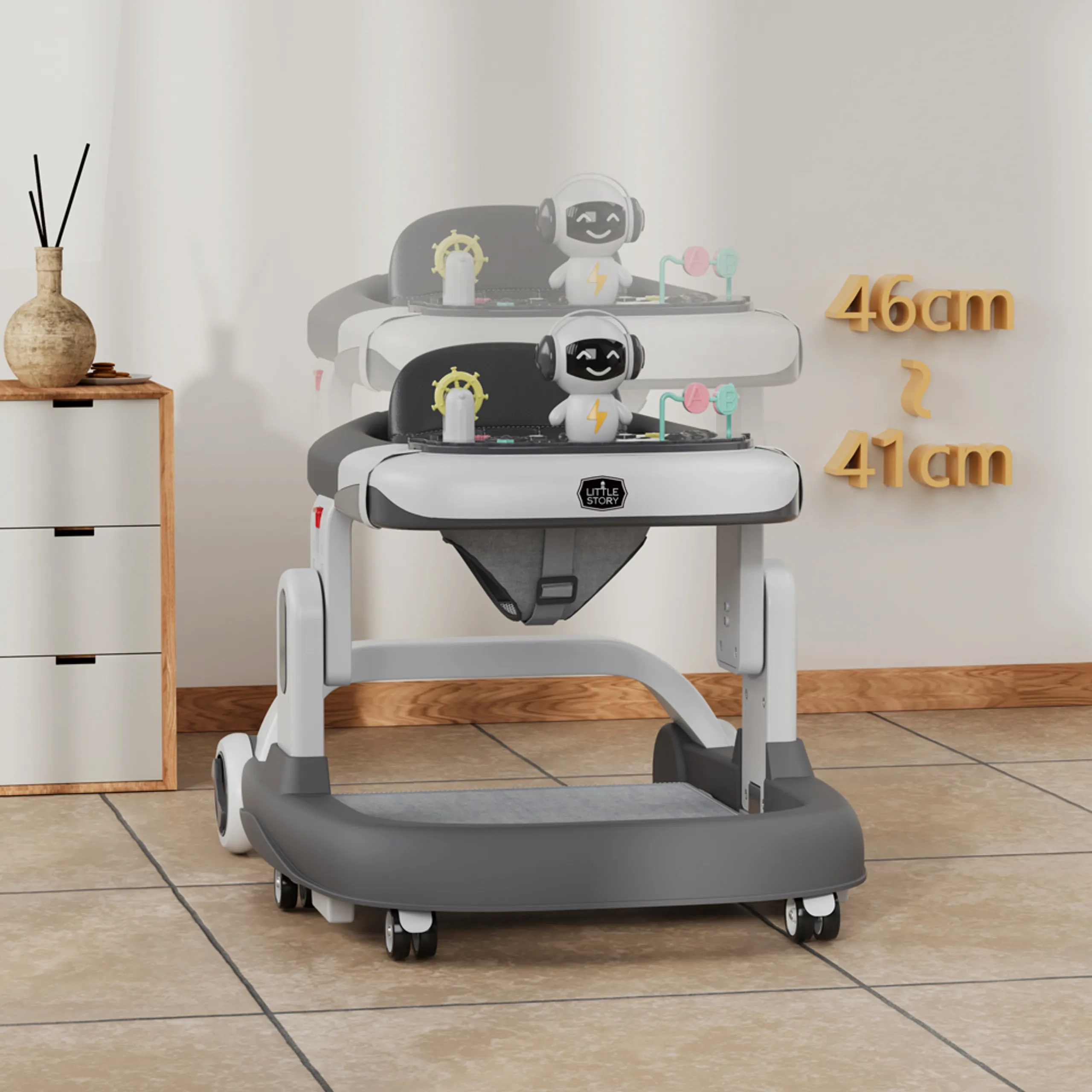 Adjustable Baby Walker - Grey Foldable 6-Wheel