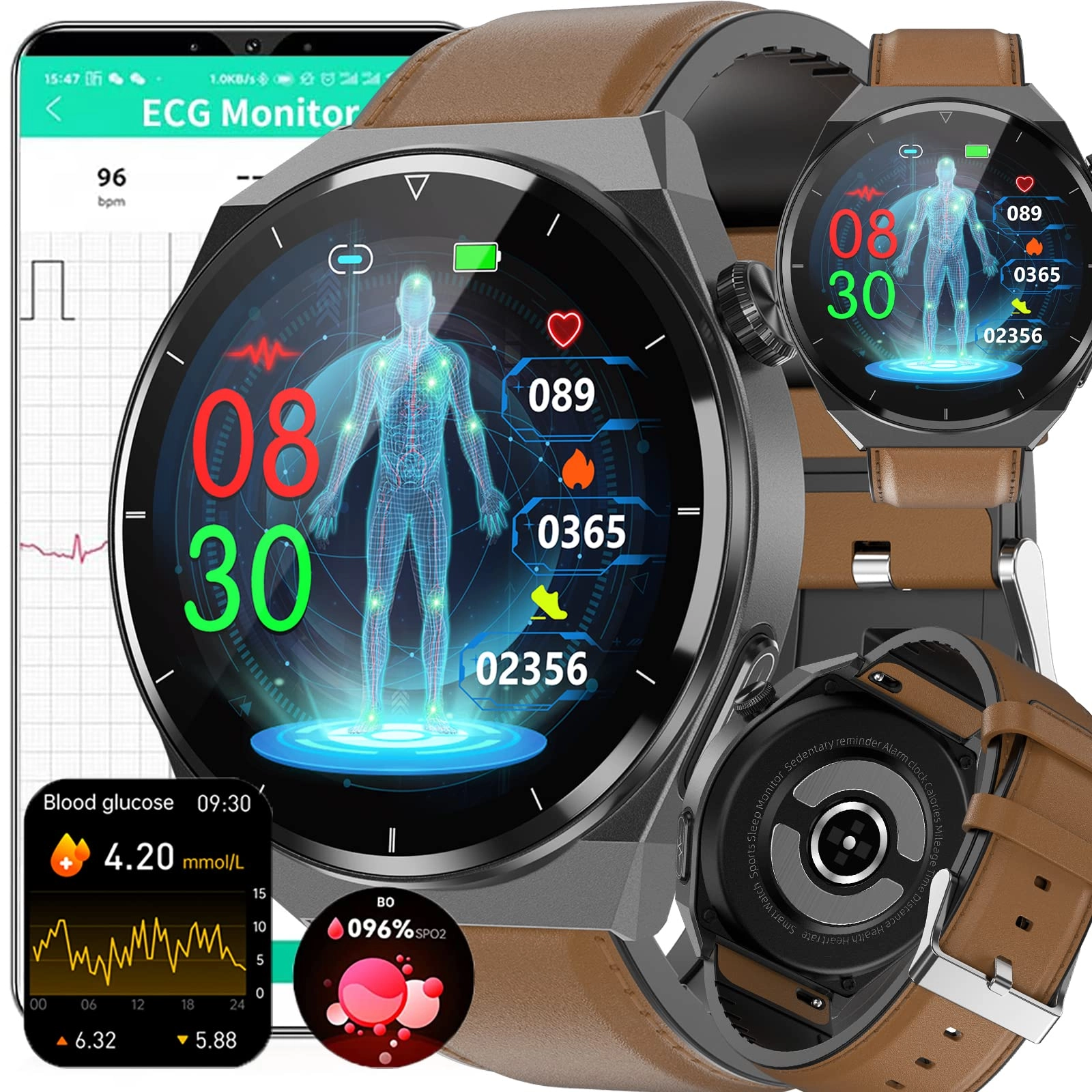 Blood Glucose Smart Watch - ECG HRV 20 Sports Modes
