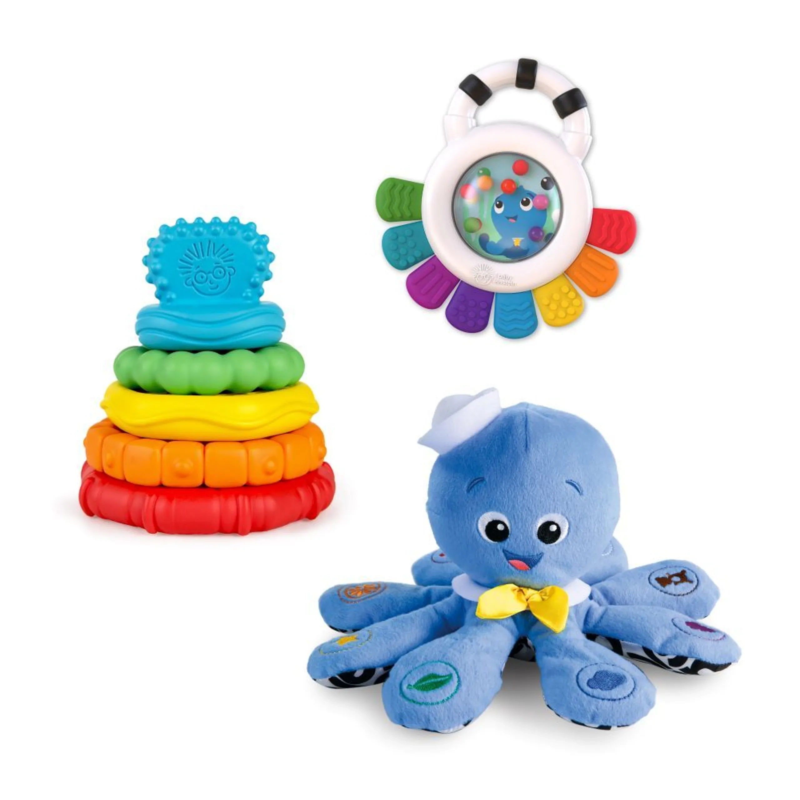 Baby Einstein Opus Sensory Rattle & Teether + Octoplush Musical Toy + Stack & Teethe Teether Toy - Suitable for 3 to 12 mo