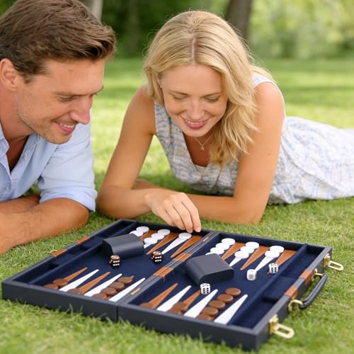 Backgammon Set - Premium Leather Case Blue Grey