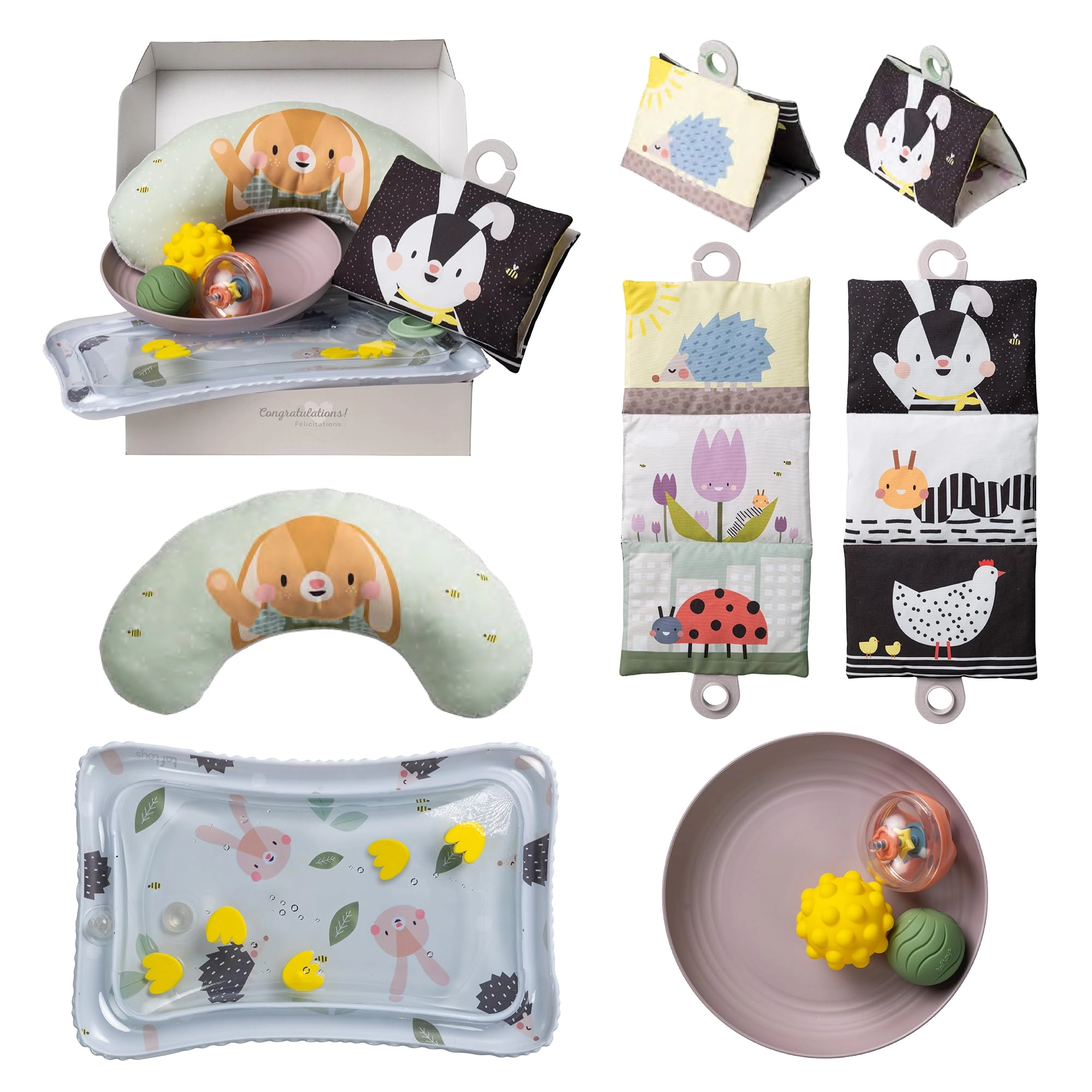 Taf Toys Tummy Time Pillow + Water Mat + Interactive Tray - 3 sensory balls + Crinkle Baby Book - Double-sided