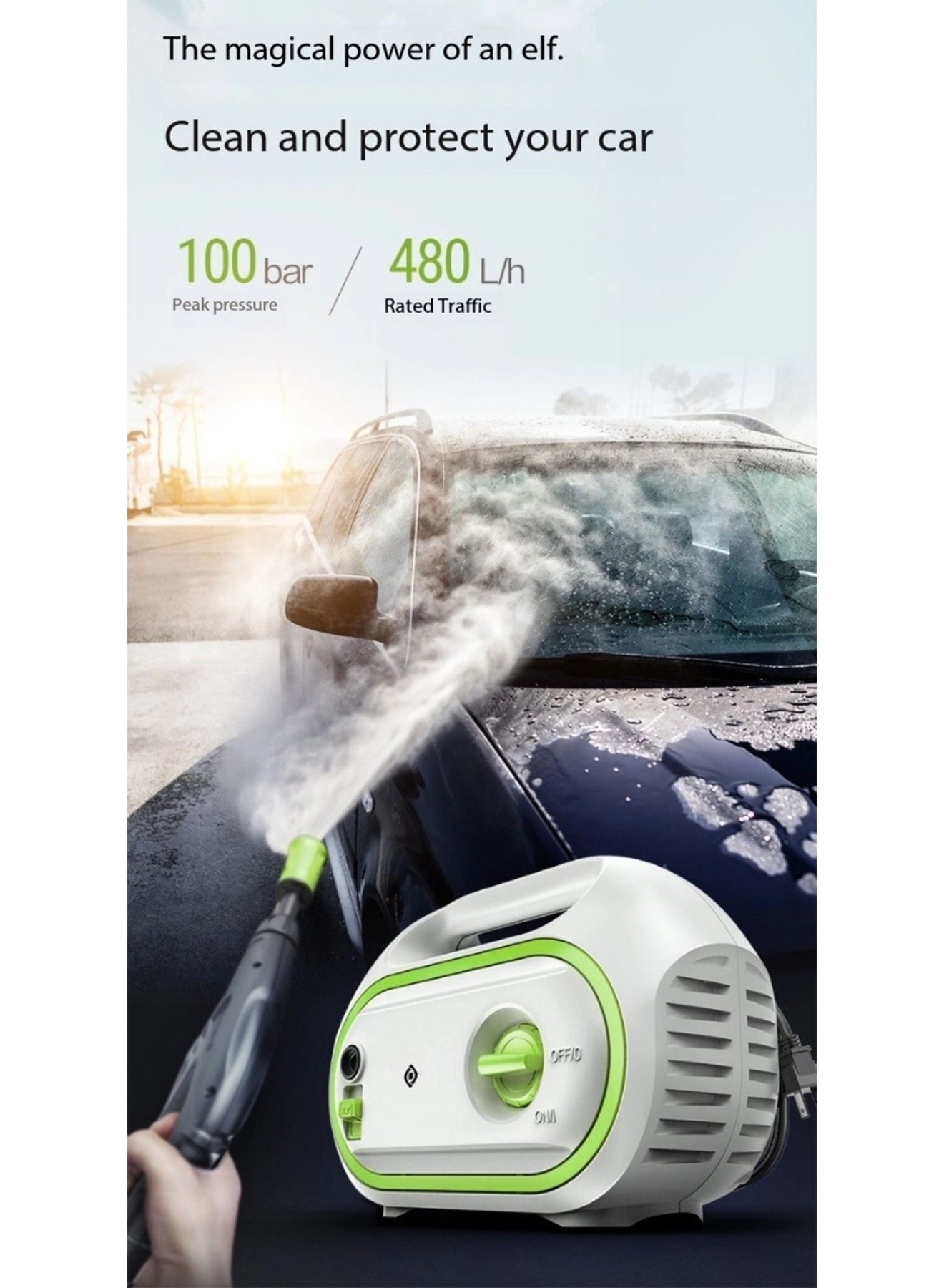 High Pressure Washer - 1400W 10MPa 8M Hose 3 Nozzles