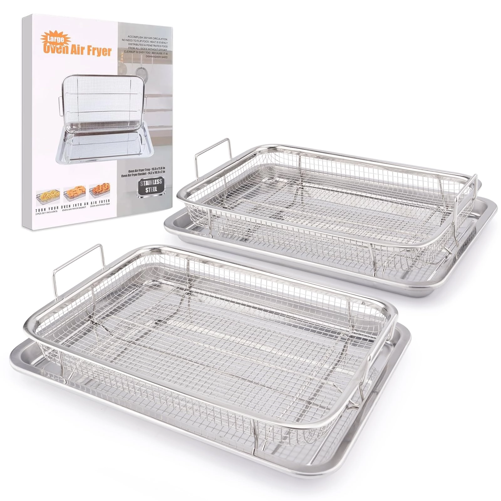 Air Fryer Basket and Tray Set - Stainless Steel 2 Pack