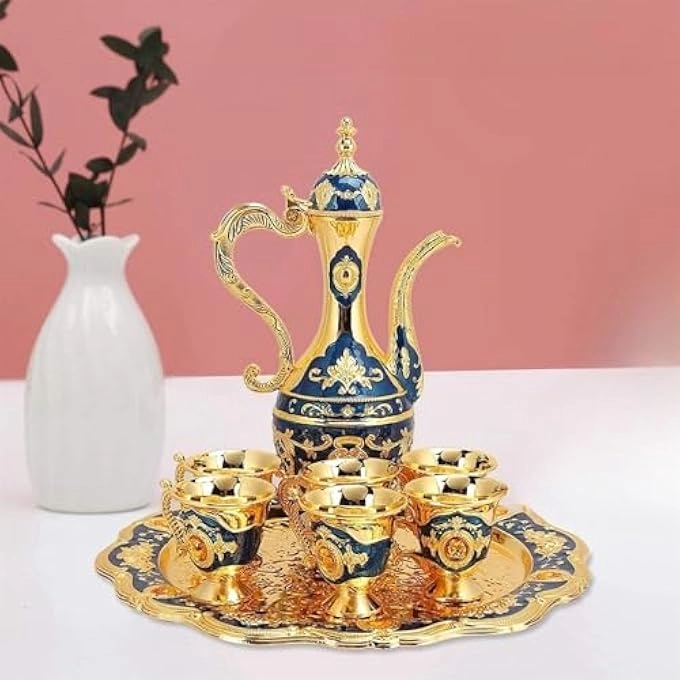 Turkish Tea Set + Turkish Teapot Set + Turkish Coffee Pot + Coffee Cup + Tea Tray + Turkish Flagon - Zinc Alloy + Shot Glasses Set