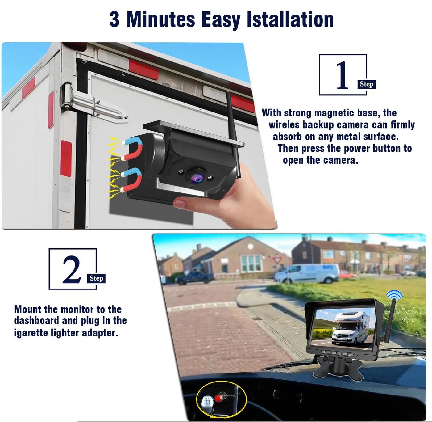 Magnetic Solar Wireless Backup Camera - Night Vision Wireless 1080P