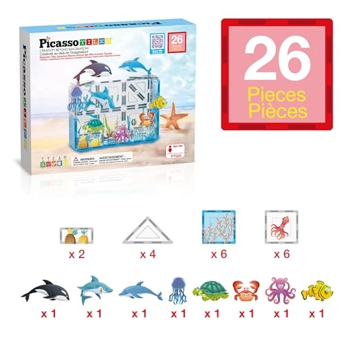 Magnet Tile Building Blocks - 8 Aquarium Character Action Figures Marine Animal World 26 pcs
