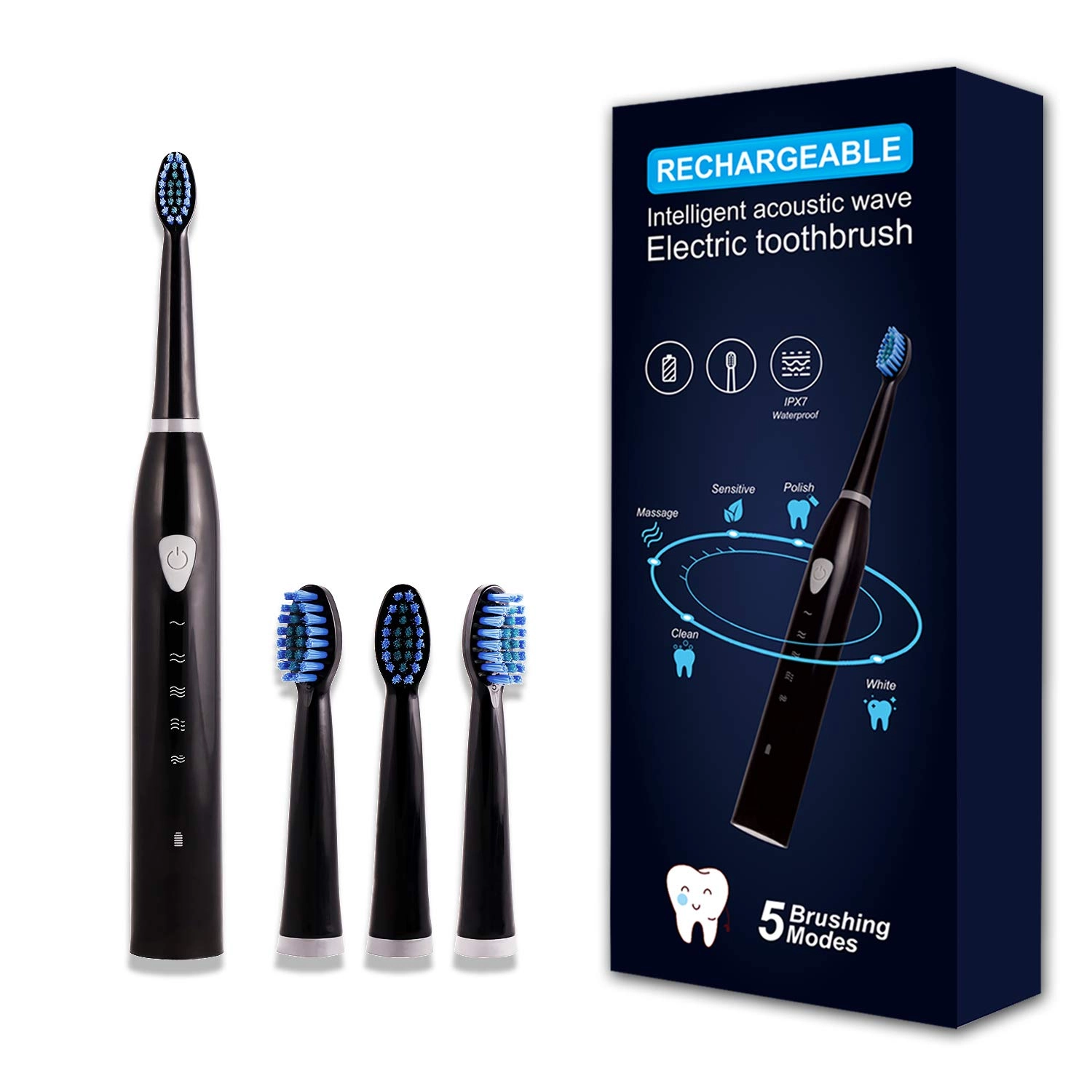 FEMBW Sonic Toothbrush - 5 Modes 2 Mins Timer 4 Dupont Brush Heads