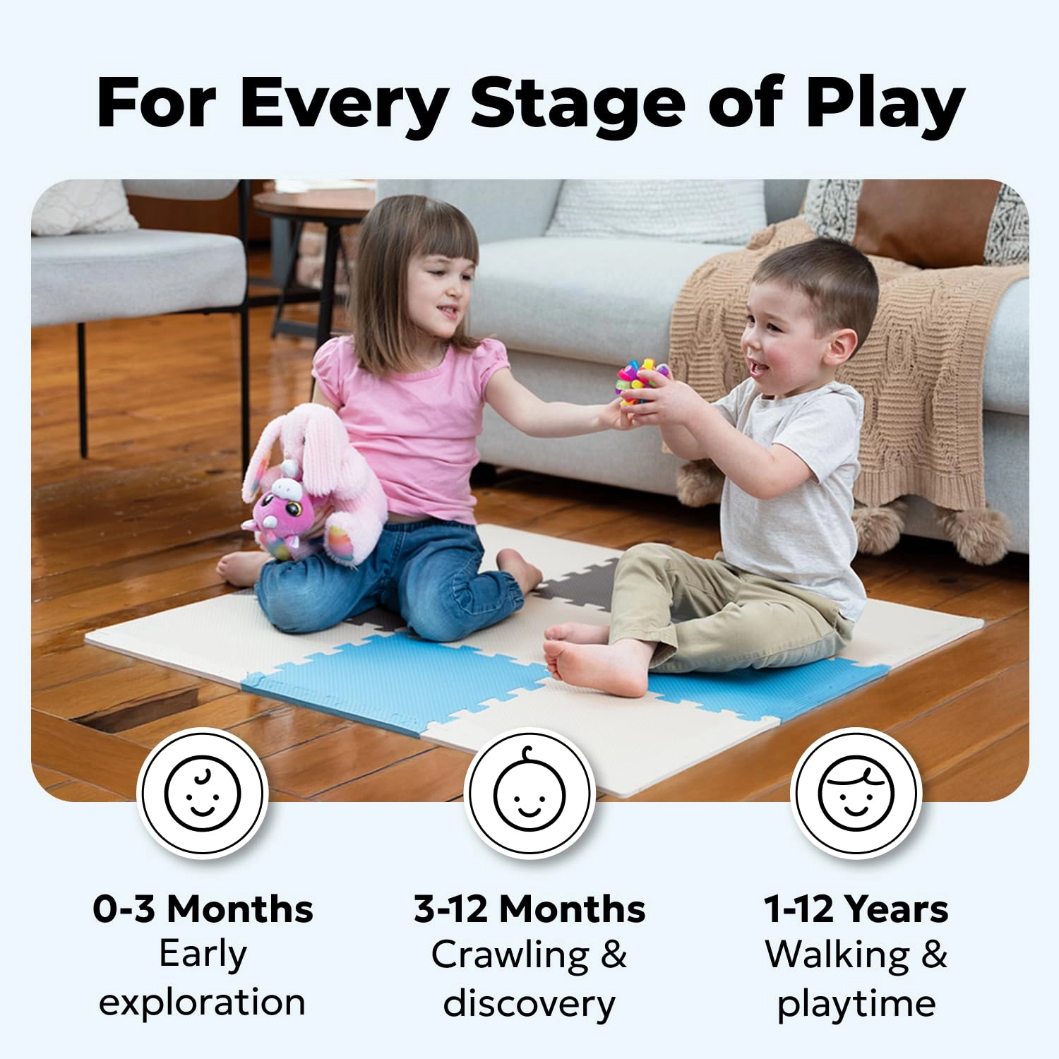 Baby Play Mat - 9 Tiles Cobalt-apricot-pine-gold