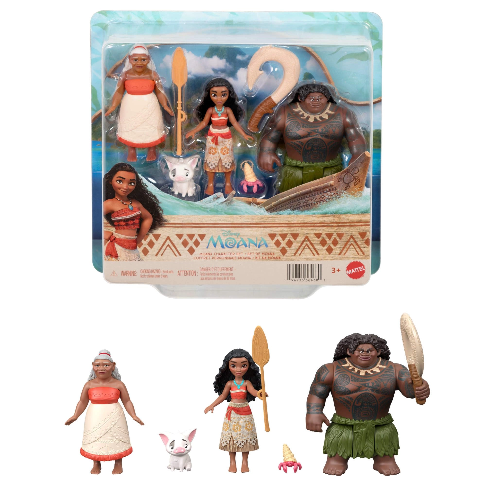 Mattel Moana Small Doll - 9 cm + Maui Small Doll + Gramma Tala Small Doll + Pua Figure + Crab Figure + Accessories